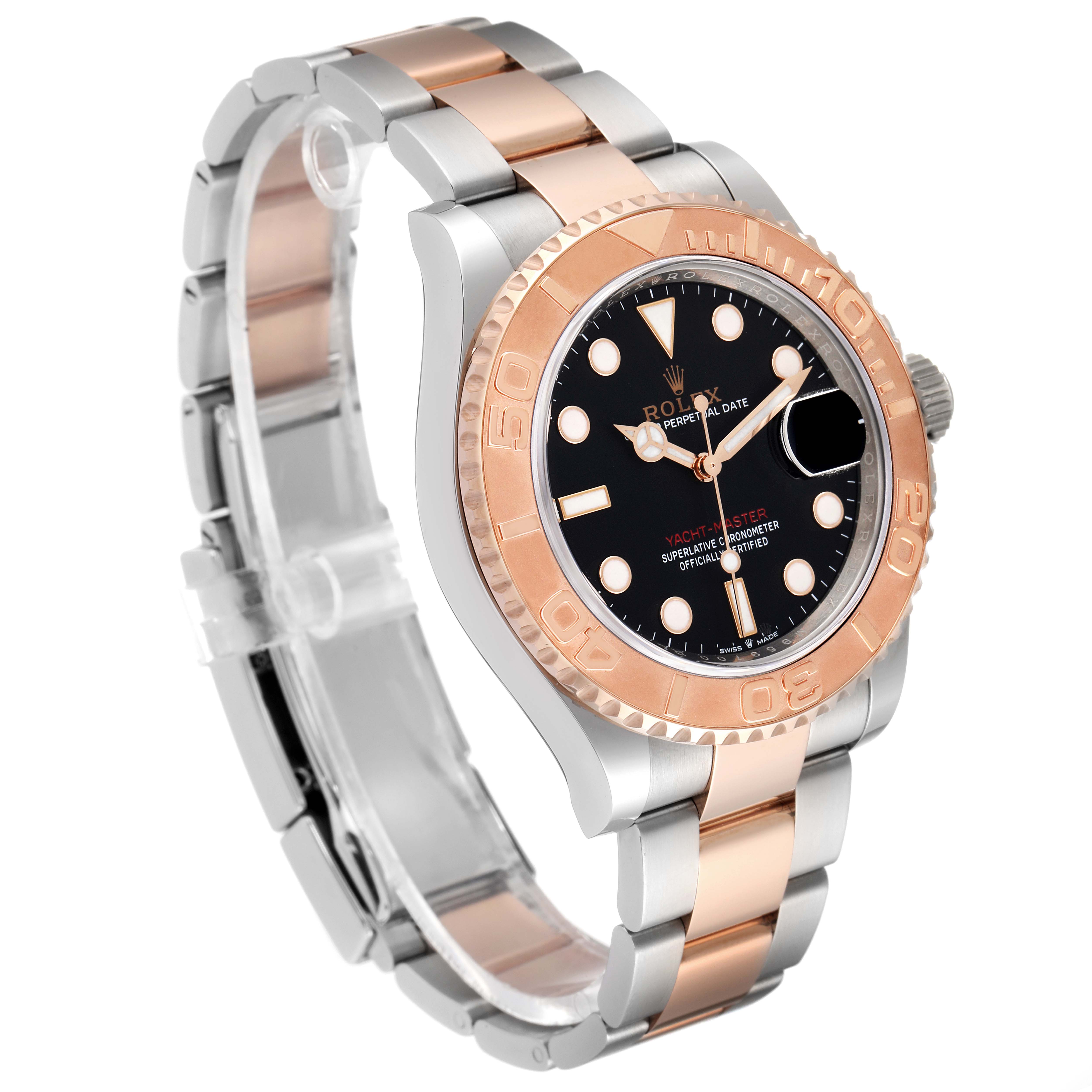 The image shows a side angle of the Rolex Yacht-Master 126621 Men's Steel and Gold (two tone) Black Dial 126621 Men's Steel and Gold (two tone) Black Dial watch, highlighting the bezel, dial, and two-tone bracelet.