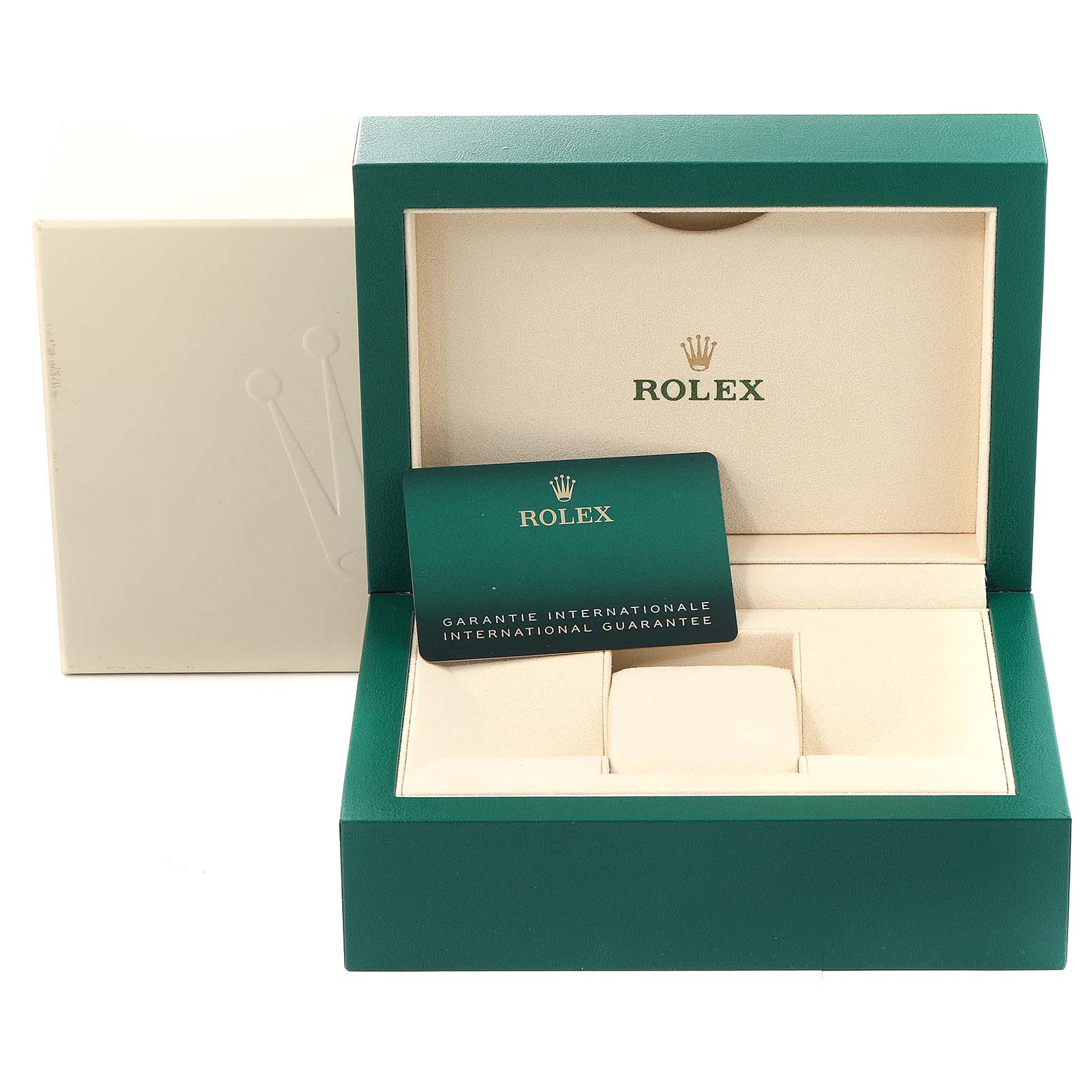 The image shows a green Rolex Yacht-Master 126621 Men's Steel and Gold (two tone) Black Dial 126621 Men's Steel and Gold (two tone) Black Dial watch box with an international guarantee card.