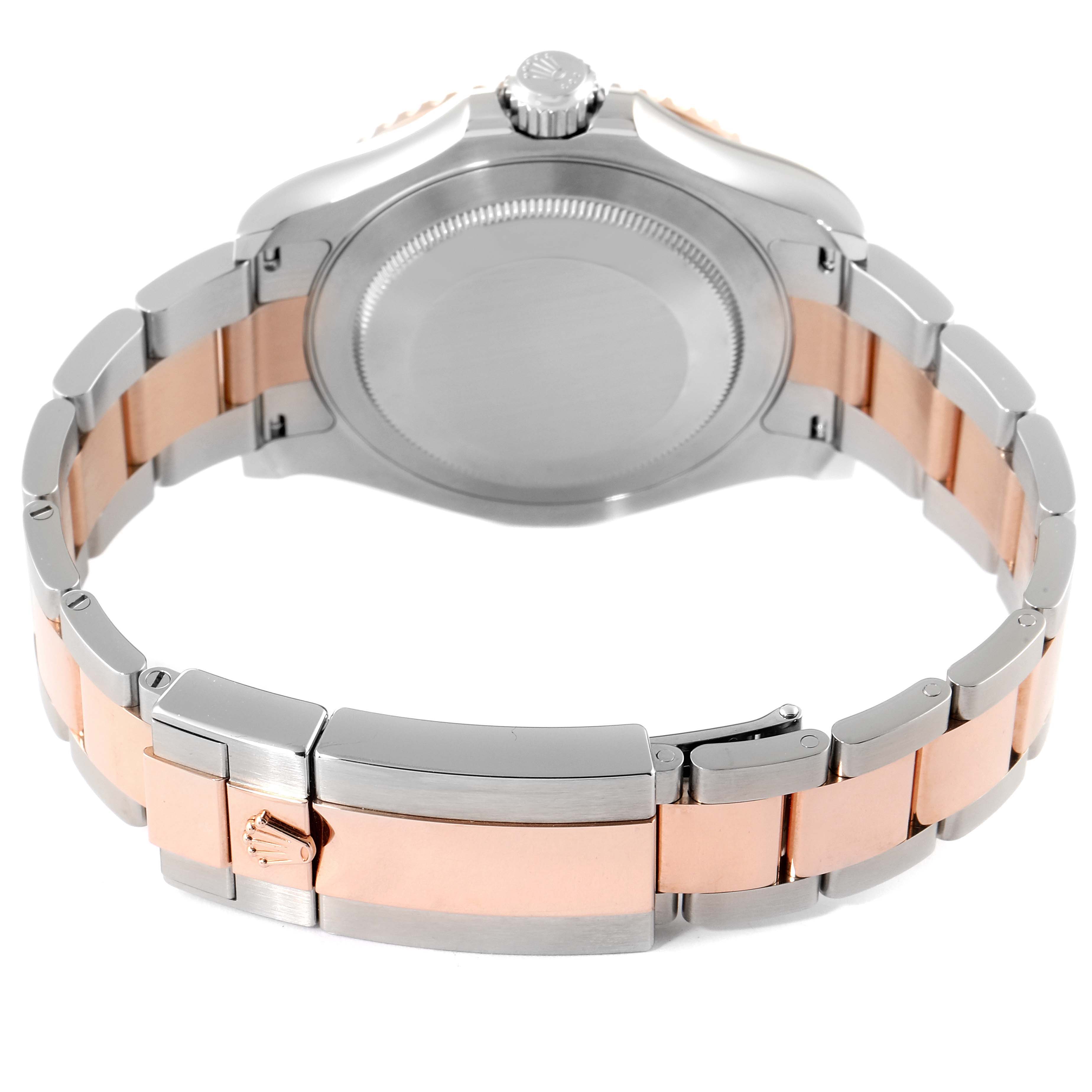 This image shows the back view of a Rolex Yacht-Master 126621 Men's Steel and Gold (two tone) Black Dial 126621 Men's Steel and Gold (two tone) Black Dial watch, highlighting the clasp, case back, and bi-metal bracelet.