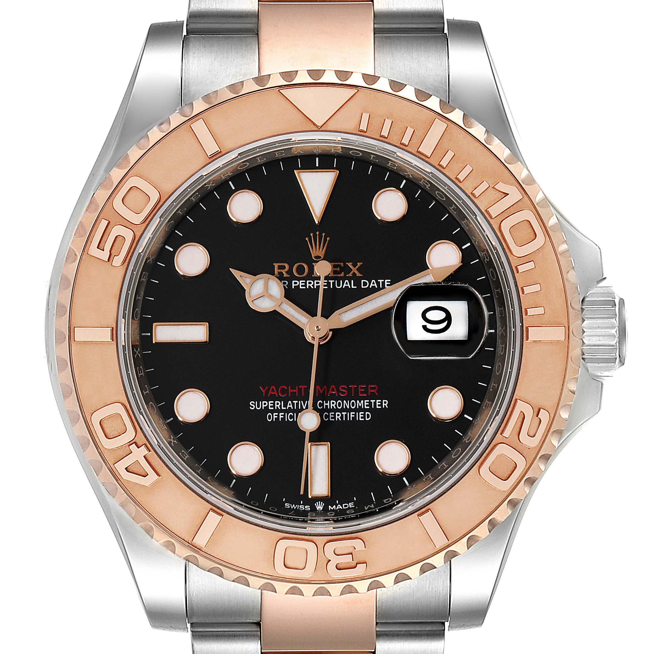 The image shows a front view of the Rolex Yacht-Master 126621 Men's Steel and Gold (two tone) Black Dial 126621 Men's Steel and Gold (two tone) Black Dial watch, highlighting its black dial, date window, and gold bezel.