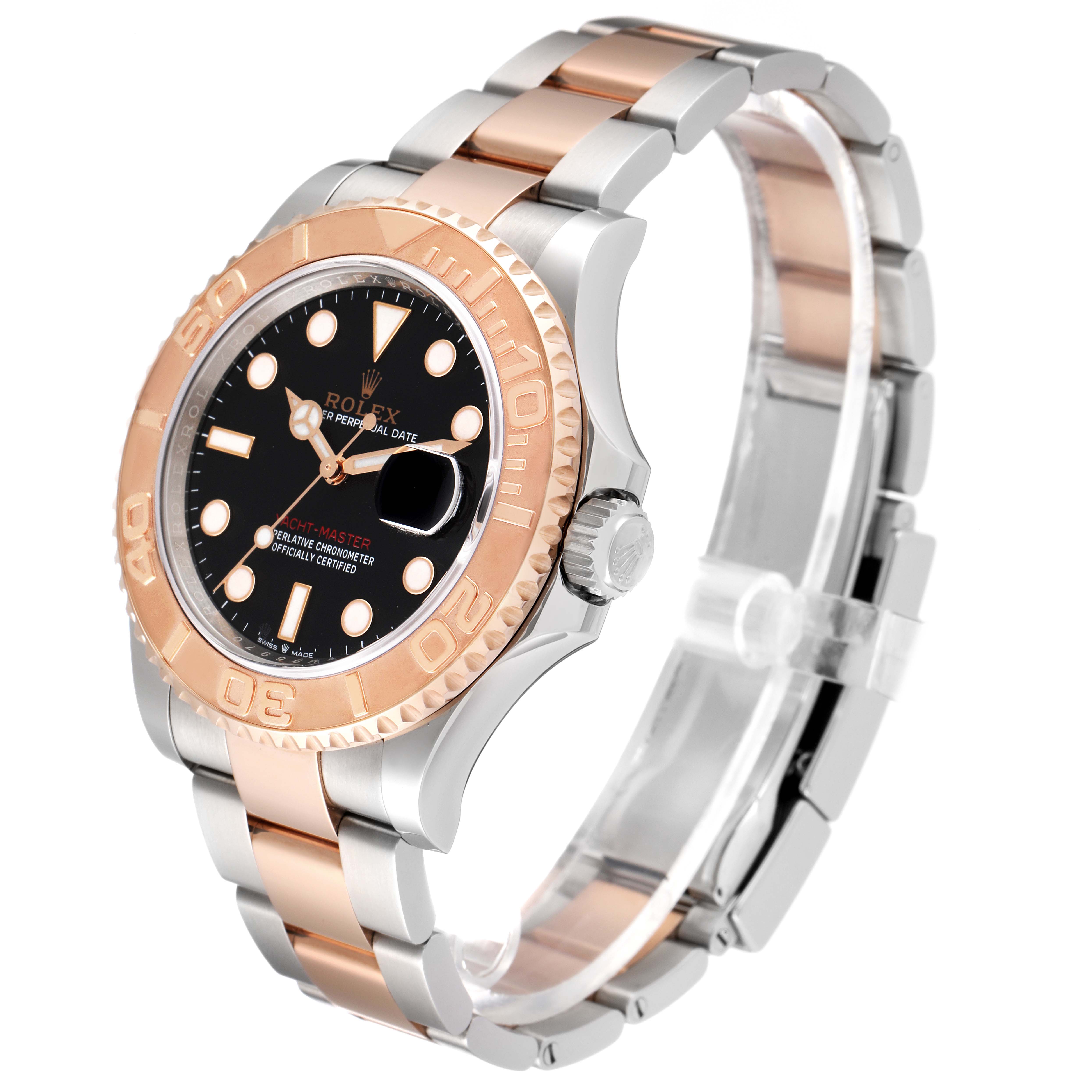 This Rolex Yacht-Master 126621 Men's Steel and Gold (two tone) Black Dial 126621 Men's Steel and Gold (two tone) Black Dial watch is shown at a side angle, displaying the face, bezel, crown, and bracelet.