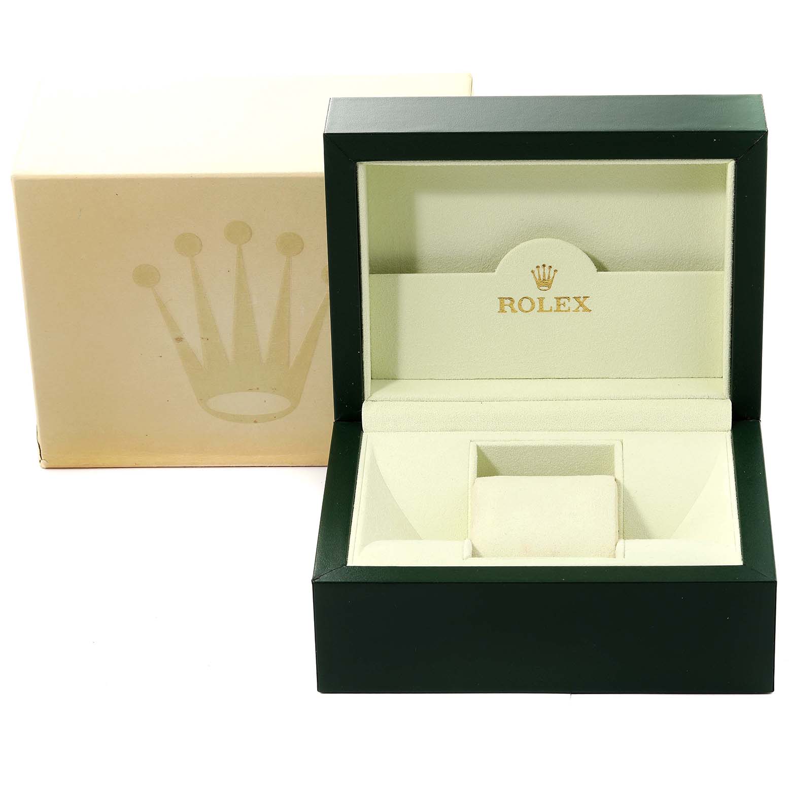 This image shows an open green and cream-colored Rolex watch box, likely for the Yacht-Master model, along with its outer box.