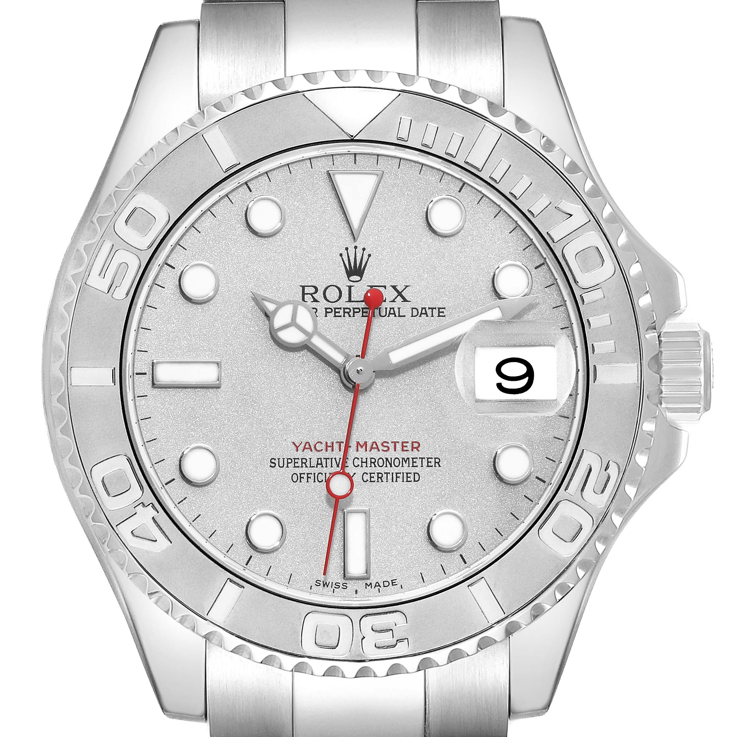 This is a front view of the Rolex Yacht-Master 16622 Men's Stainless Steel Silver Dial 16622 Men's Stainless Steel Silver Dial, showing the dial, bezel, and part of the strap.