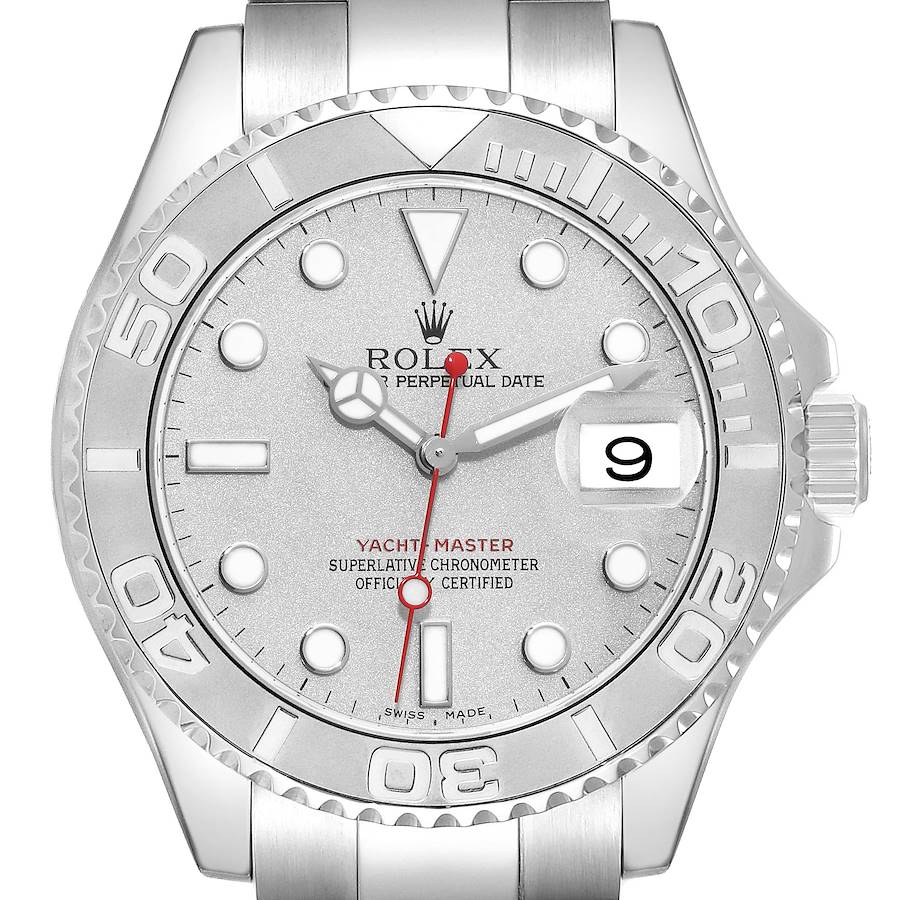 This is a front view of the Rolex Yacht-Master, showing the dial, bezel, and part of the strap.