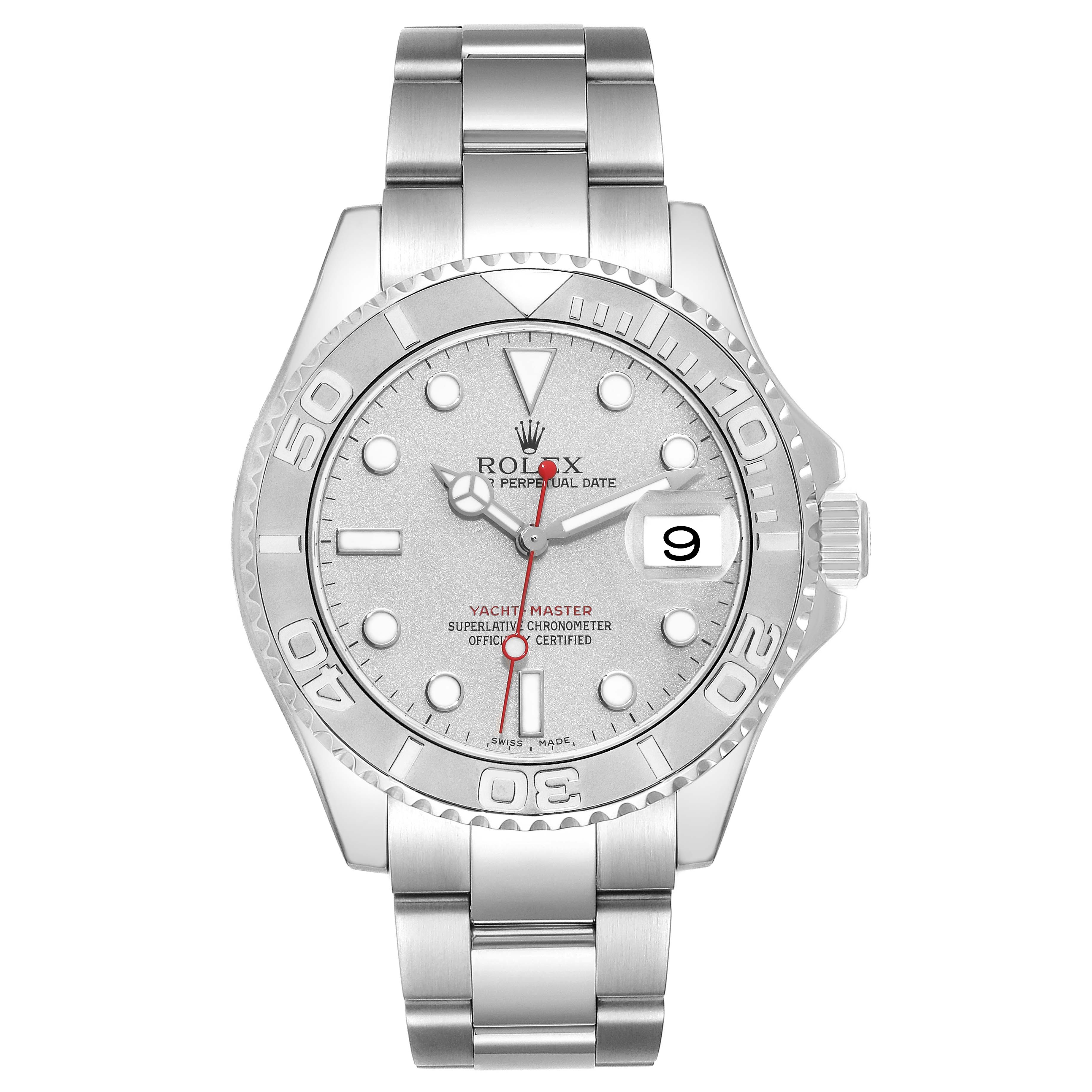 The image shows a frontal view of a Rolex Yacht-Master 16622 Men's Stainless Steel Silver Dial 16622 Men's Stainless Steel Silver Dial watch, highlighting the face, bezel, and bracelet.