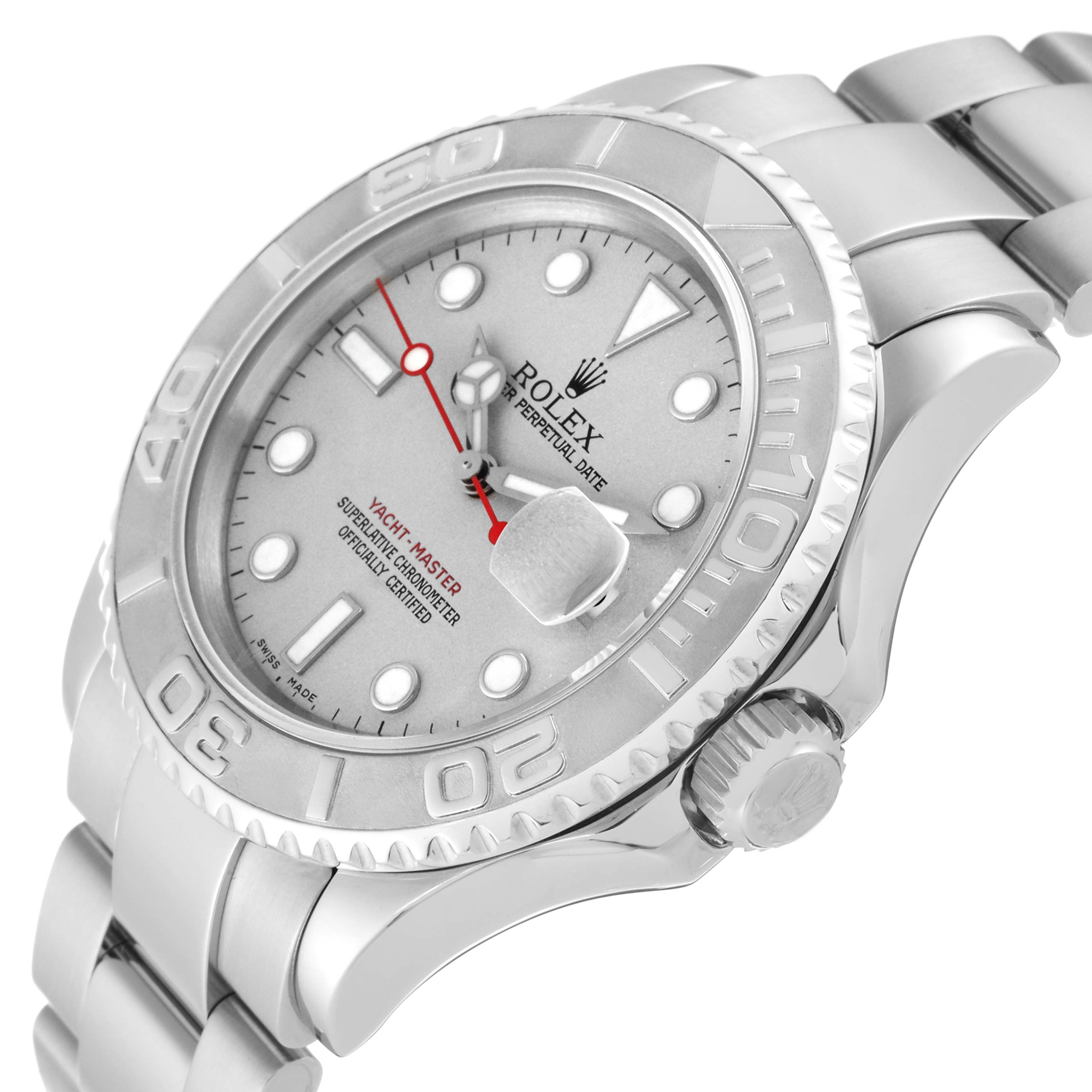 The image shows a close-up, angled shot of a Rolex Yacht-Master 16622 Men's Stainless Steel Silver Dial 16622 Men's Stainless Steel Silver Dial watch, highlighting the face, bezel, and part of the bracelet.