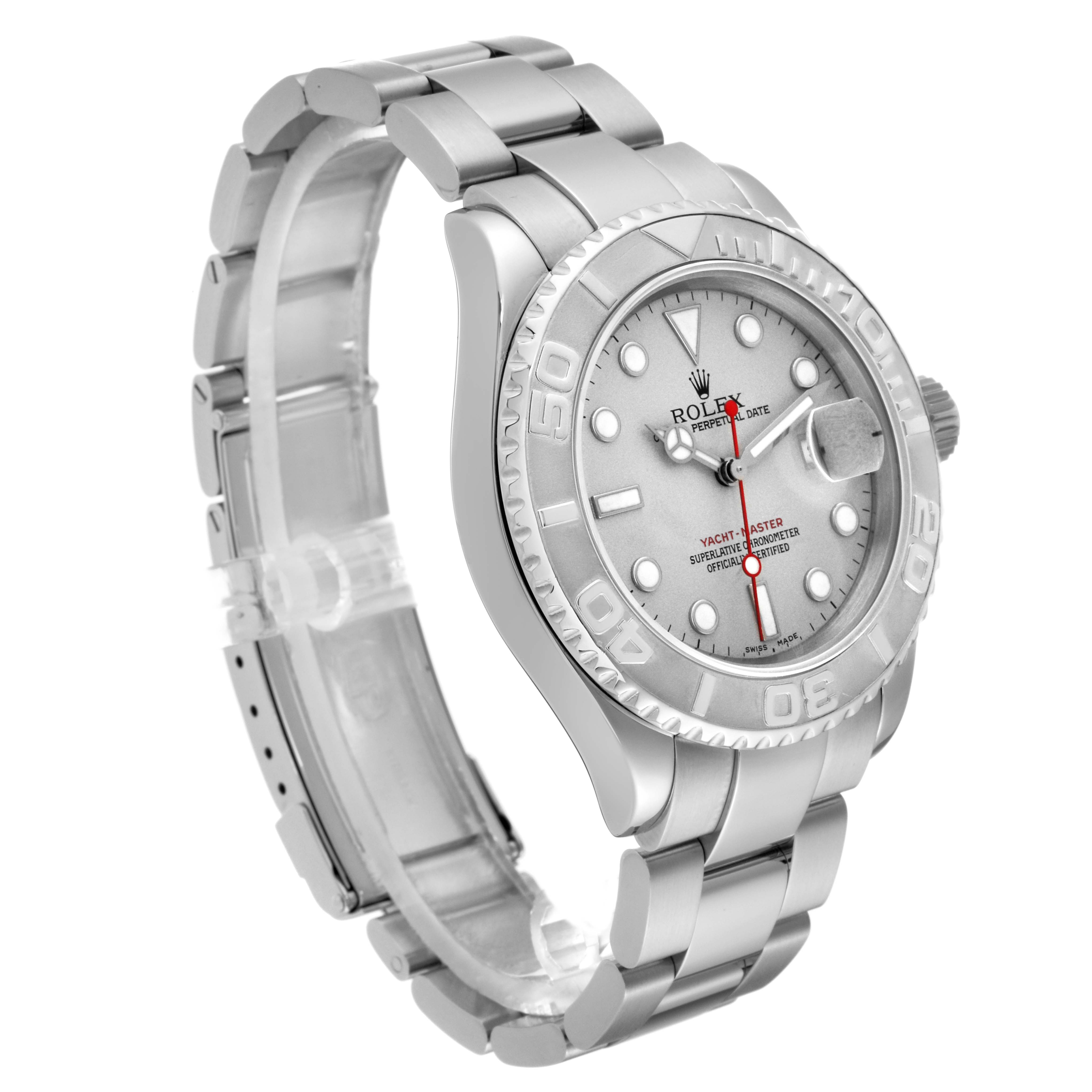 The image shows a side-angle view of the Rolex Yacht-Master 16622 Men's Stainless Steel Silver Dial 16622 Men's Stainless Steel Silver Dial watch, displaying the watch face, bezel, and bracelet.