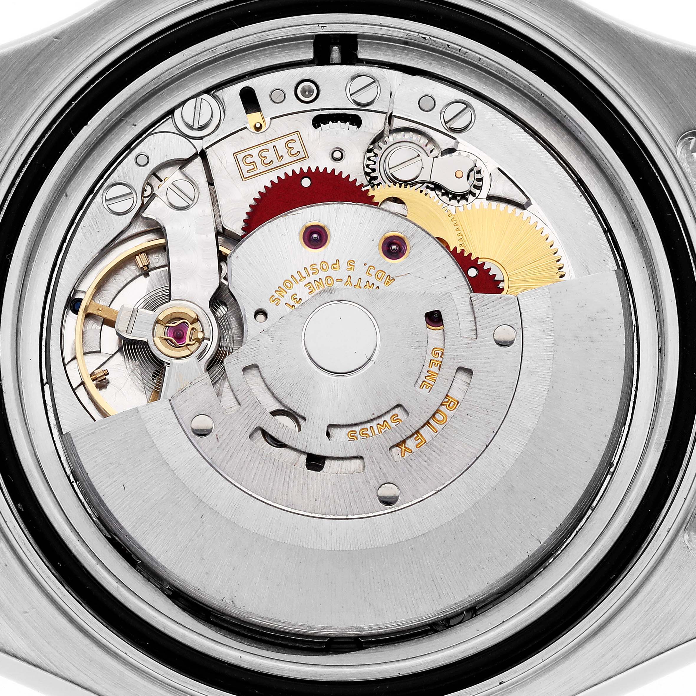 The image shows the inner mechanism of the Rolex Yacht-Master 16622 Men's Stainless Steel Silver Dial 16622 Men's Stainless Steel Silver Dial watch viewed from the back, highlighting the intricate gears and movement parts.