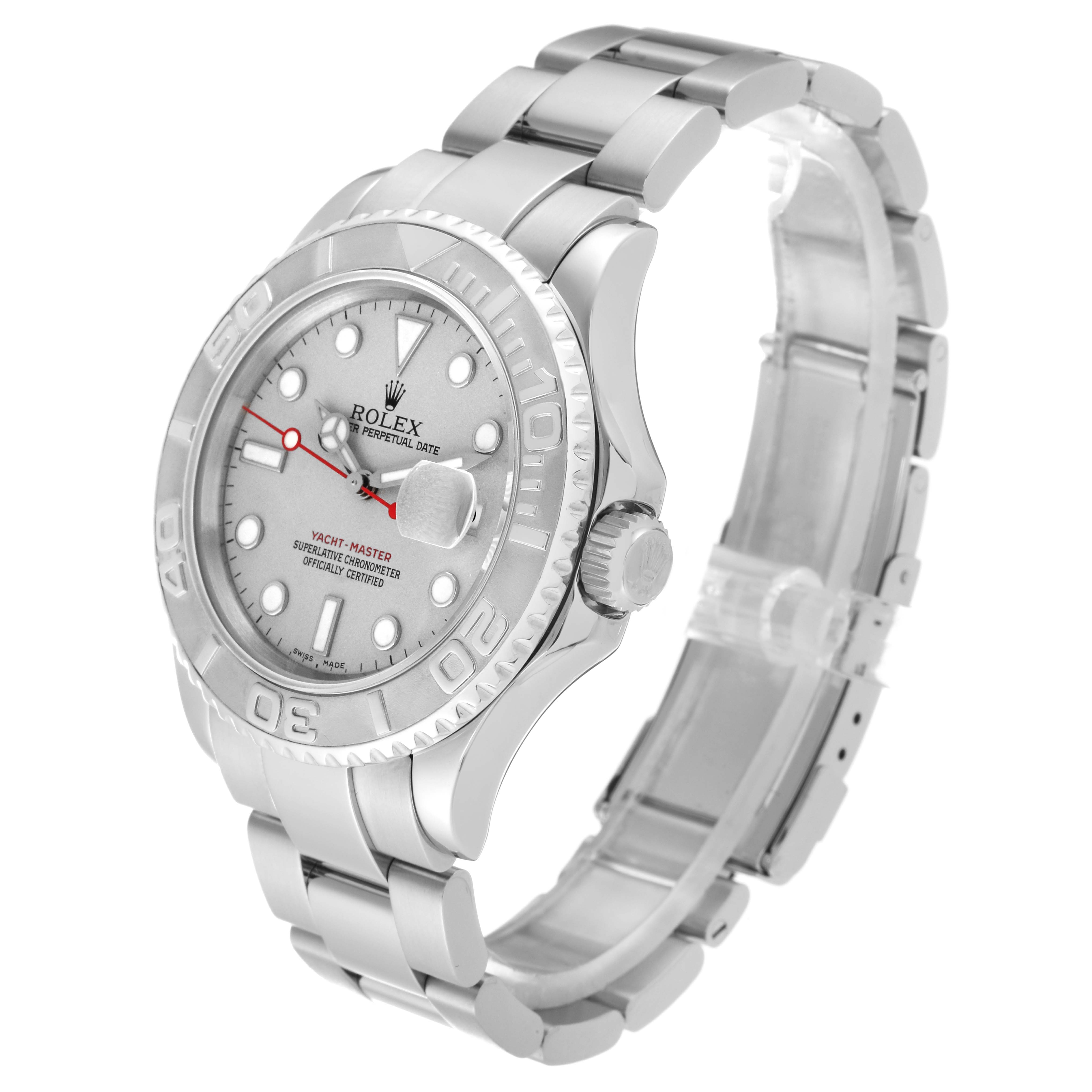 This image shows a three-quarter view of a Rolex Yacht-Master 16622 Men's Stainless Steel Silver Dial 16622 Men's Stainless Steel Silver Dial watch, highlighting its face, bezel, crown, and bracelet.