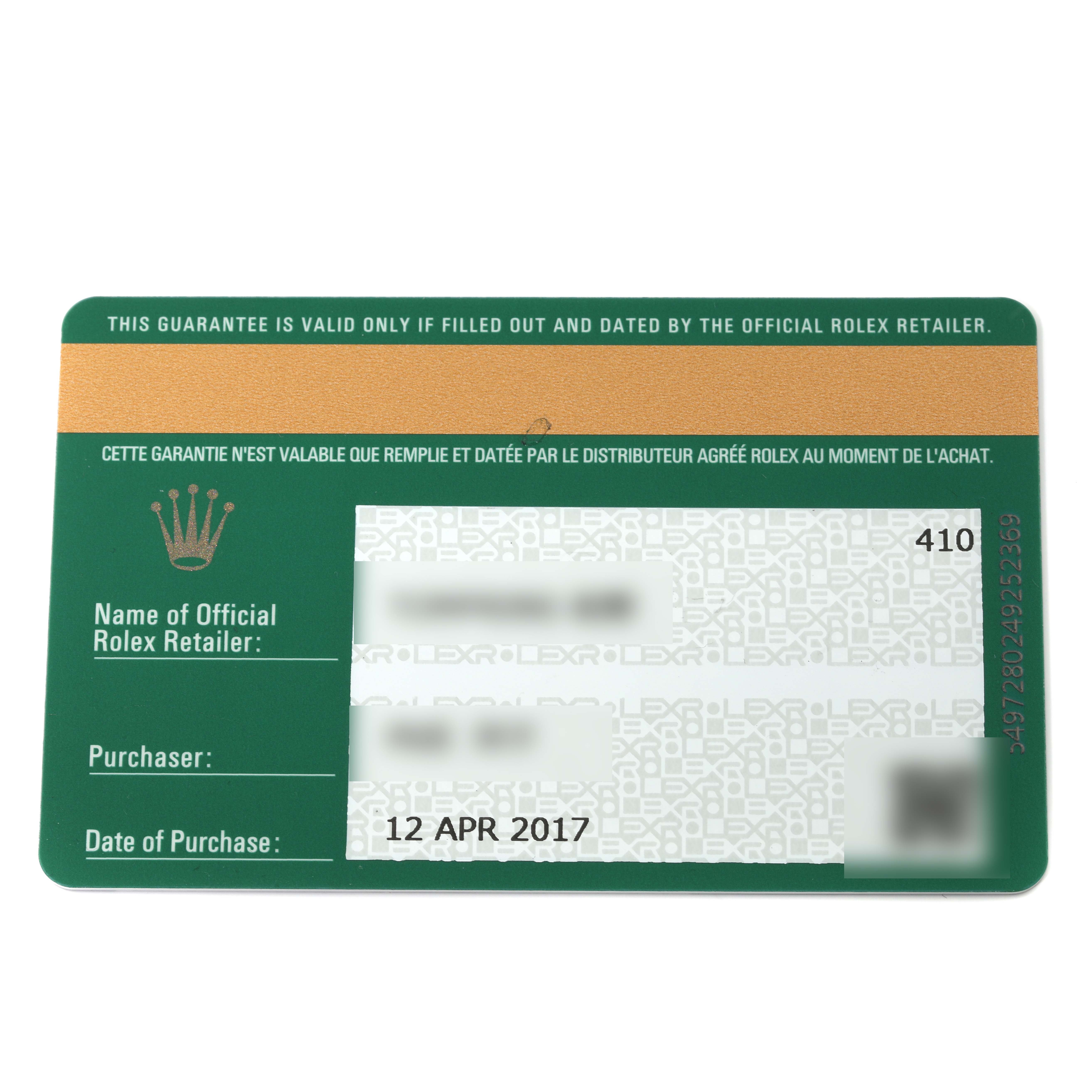 The image shows a guarantee card for a Rolex Yacht-Master 116622 Men's Stainless Steel Grey Dial 116622 Men's Stainless Steel Grey Dial watch, viewed from the front.