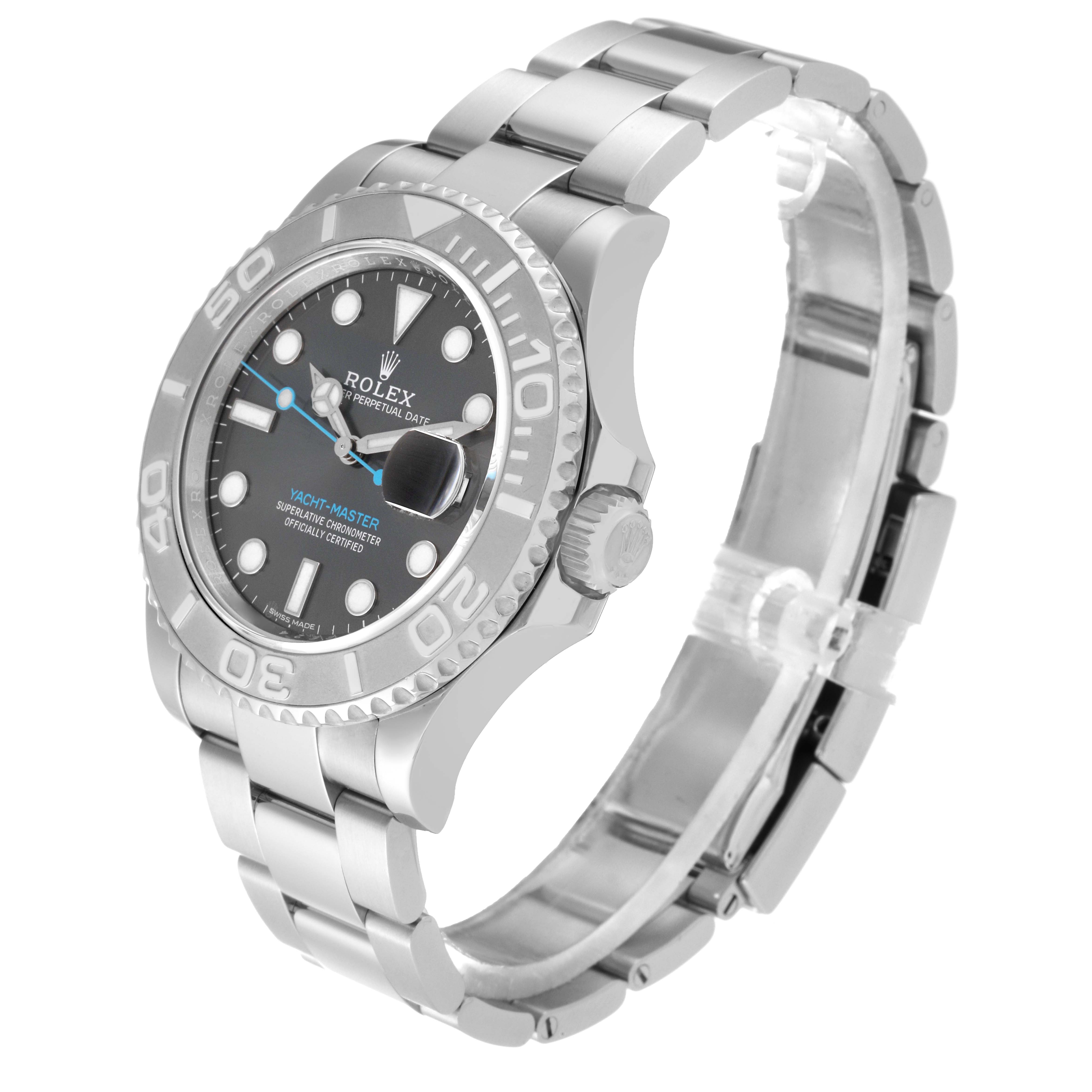 The Rolex Yacht-Master 116622 Men's Stainless Steel Grey Dial 116622 Men's Stainless Steel Grey Dial watch is shown at a three-quarter angle, displaying the dial, bezel, crown, and bracelet.