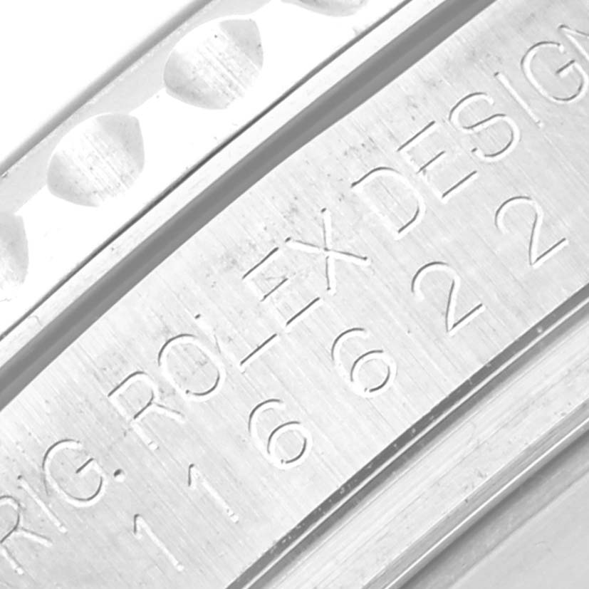 This close-up image shows the inscription on the side of a Rolex Yacht-Master 116622 Men's Stainless Steel Grey Dial 116622 Men's Stainless Steel Grey Dial watch case, detailing the model number.