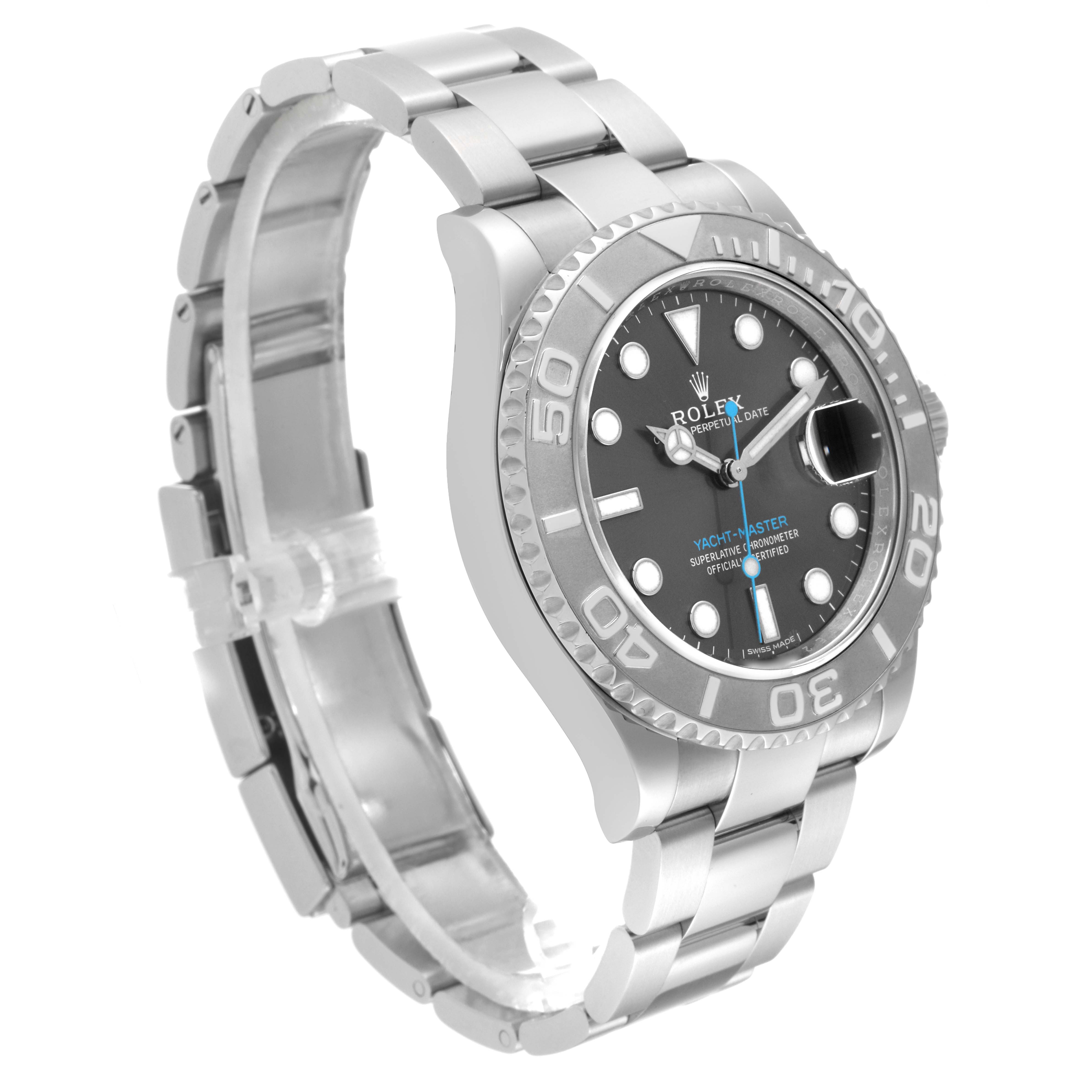 The Rolex Yacht-Master 116622 Men's Stainless Steel Grey Dial 116622 Men's Stainless Steel Grey Dial watch is shown at an angled side view, highlighting the bezel, dial, bracelet, and clasp.