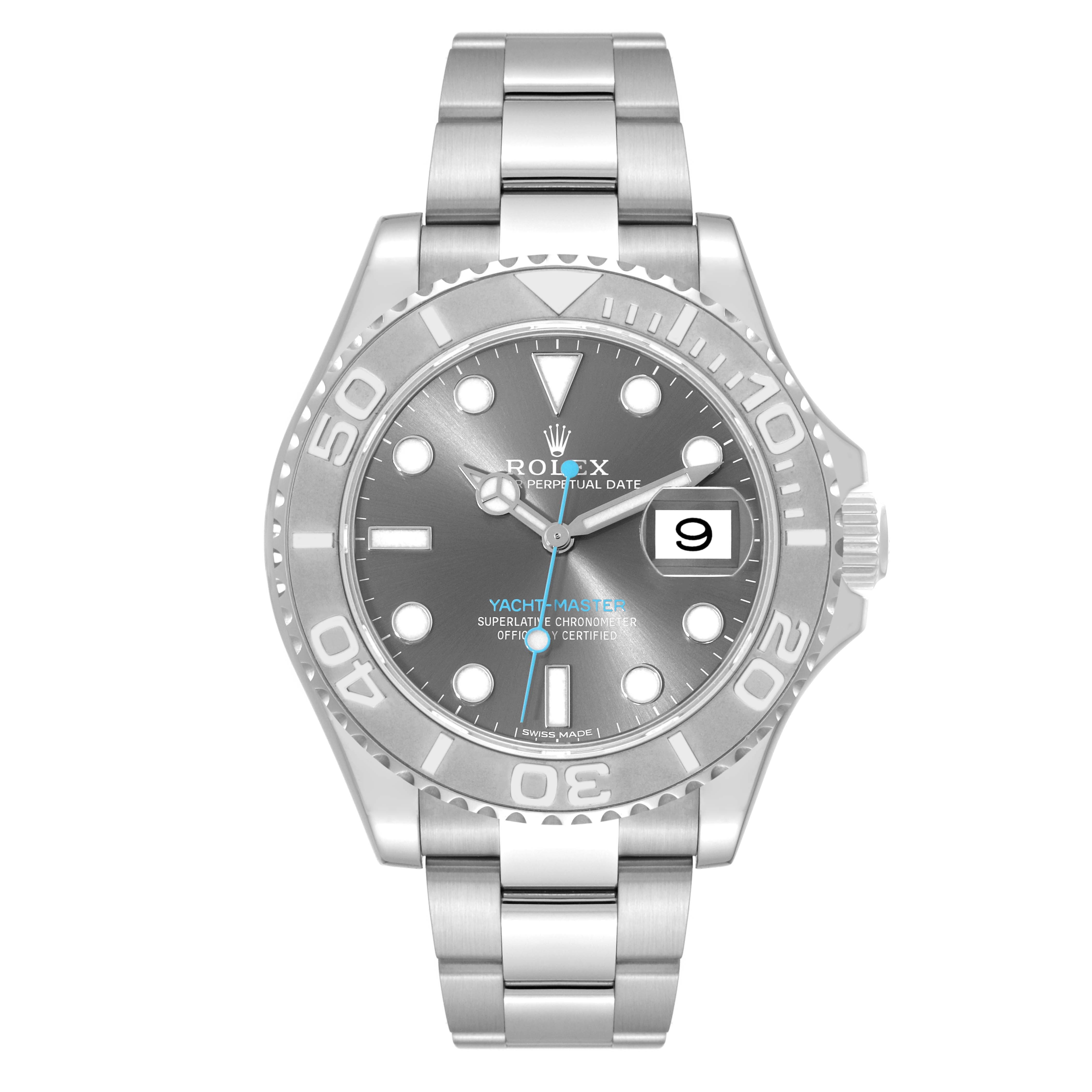 The image shows a front view of the Rolex Yacht-Master 116622 Men's Stainless Steel Grey Dial 116622 Men's Stainless Steel Grey Dial watch displaying the dial, bezel, and bracelet.