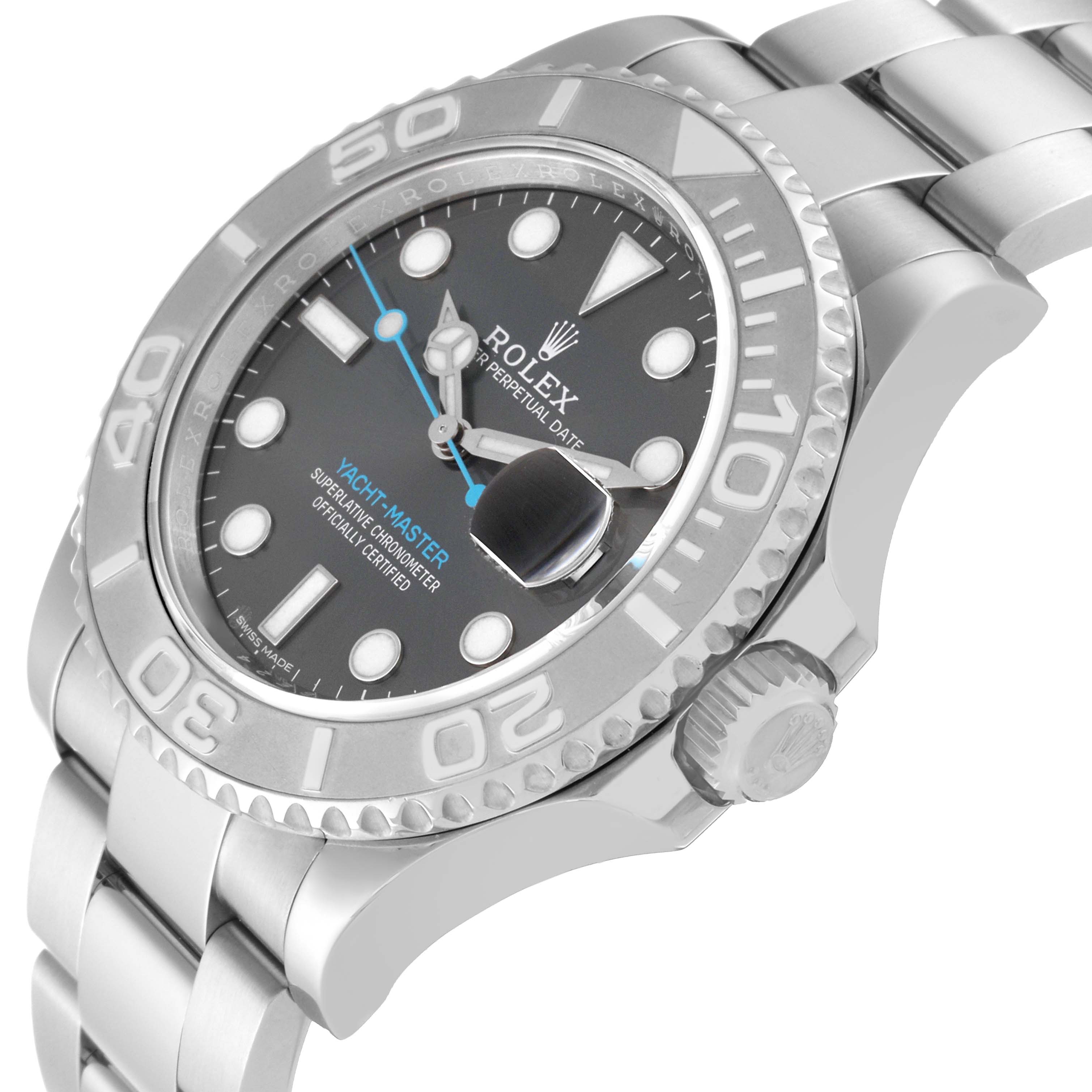 The image shows a side angle of the Rolex Yacht-Master 116622 Men's Stainless Steel Grey Dial 116622 Men's Stainless Steel Grey Dial watch, highlighting the dial, bezel, crown, and bracelet.