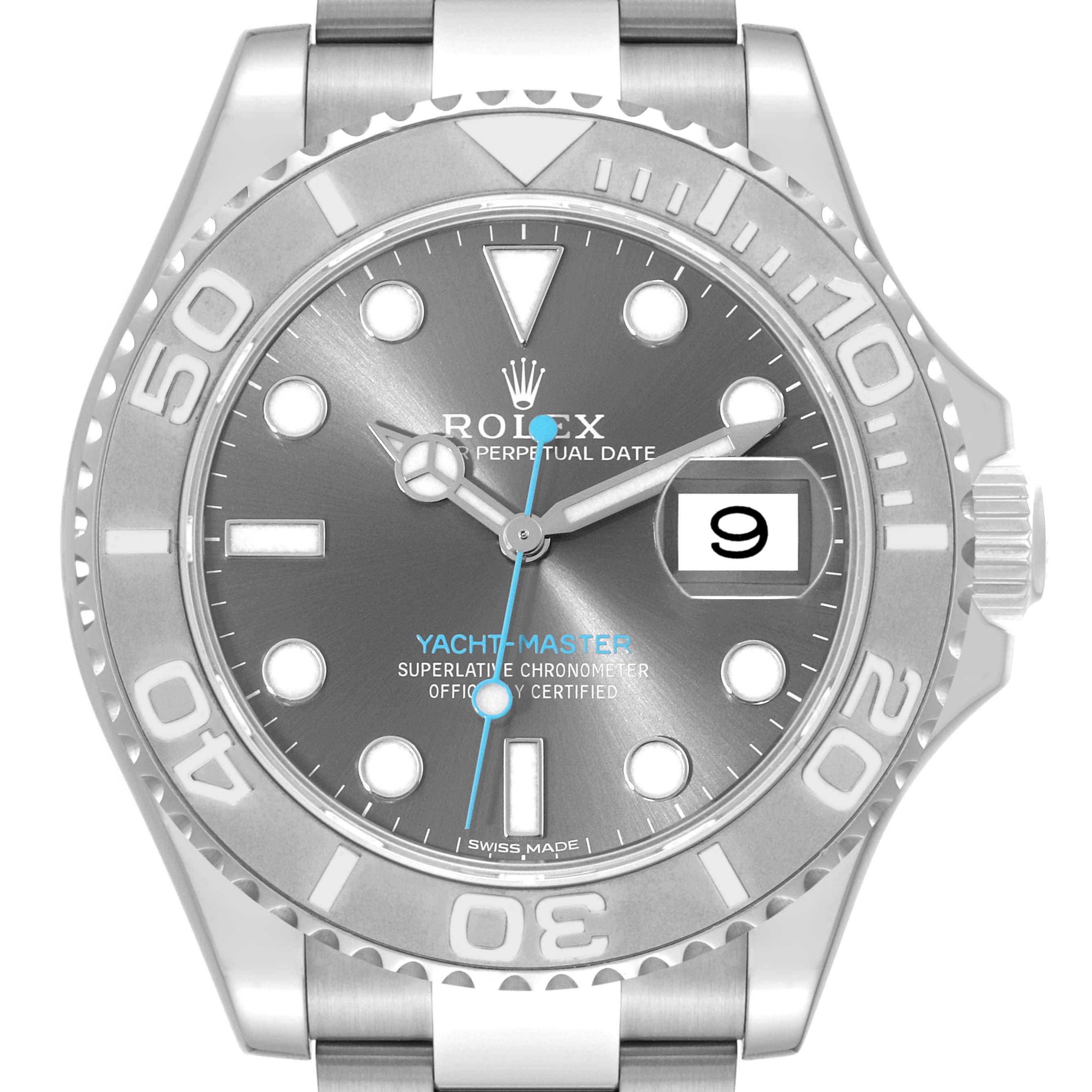 This image shows a front view of a Rolex Yacht-Master 116622 Men's Stainless Steel Grey Dial 116622 Men's Stainless Steel Grey Dial watch, including the dial, bezel, and part of the bracelet.