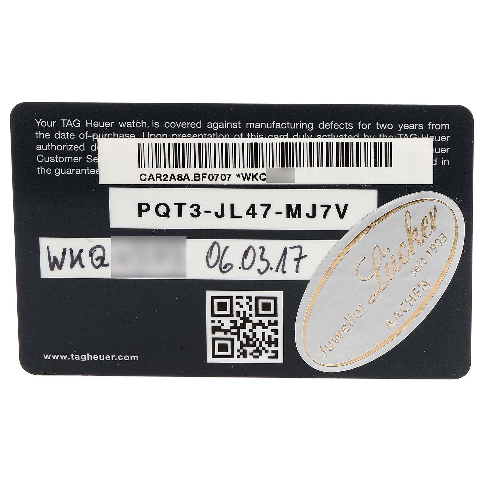 The image shows a warranty card for a Tag Heuer Carrera CAR2A8A.FT6072 Men's Titanium Grey Dial CAR2A8A.FT6072 Men's Titanium Grey Dial watch.