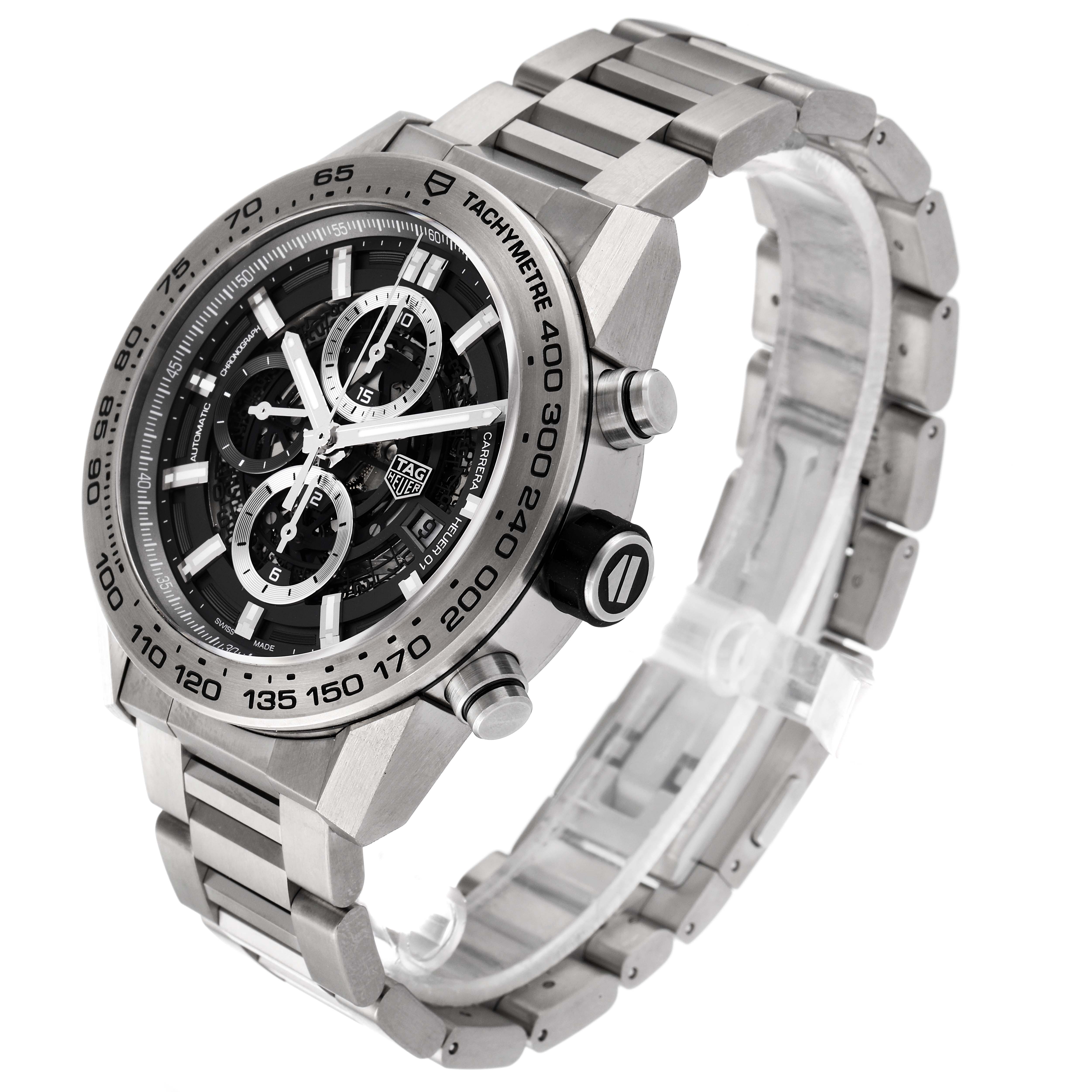 The image shows a Tag Heuer Carrera CAR2A8A.FT6072 Men's Titanium Grey Dial CAR2A8A.FT6072 Men's Titanium Grey Dial watch at a three-quarter angle, highlighting the face, bezel, case, and metal bracelet.