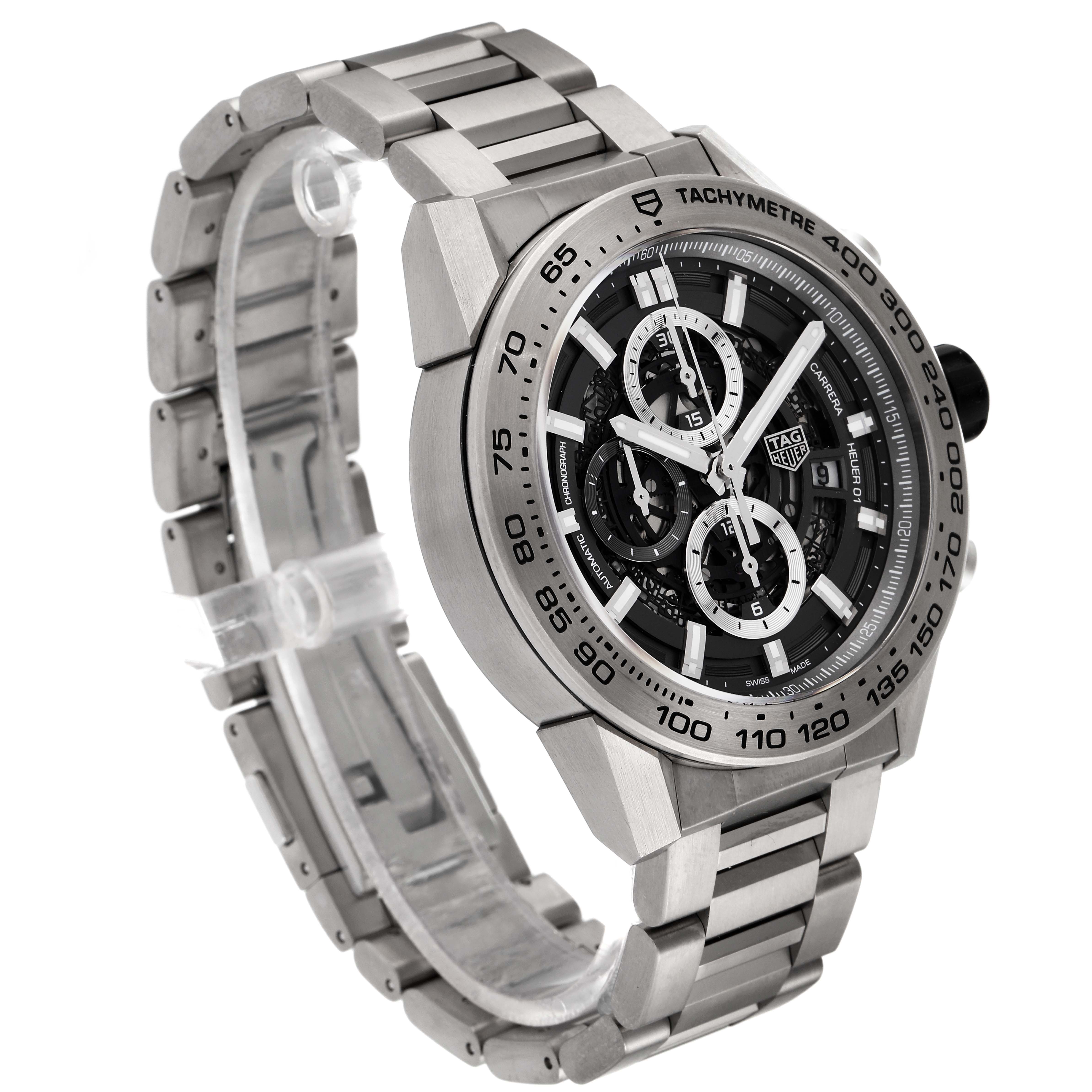 The image shows a Tag Heuer Carrera CAR2A8A.FT6072 Men's Titanium Grey Dial CAR2A8A.FT6072 Men's Titanium Grey Dial watch at a three-quarter angle, highlighting its face, tachymeter bezel, and bracelet.