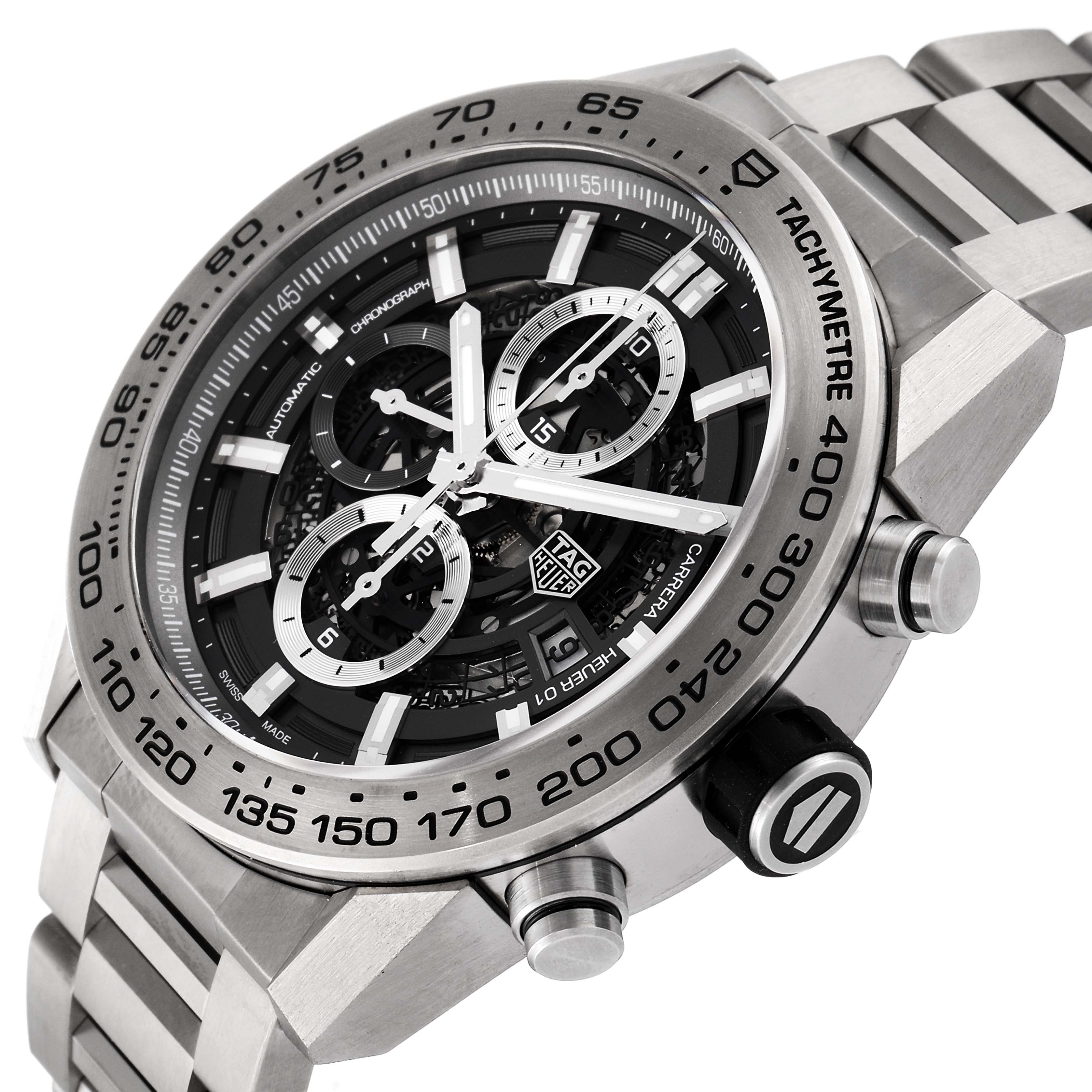 The image shows a Tag Heuer Carrera CAR2A8A.FT6072 Men's Titanium Grey Dial CAR2A8A.FT6072 Men's Titanium Grey Dial model watch at an angled side view, highlighting its face, bezel, and bracelet.
