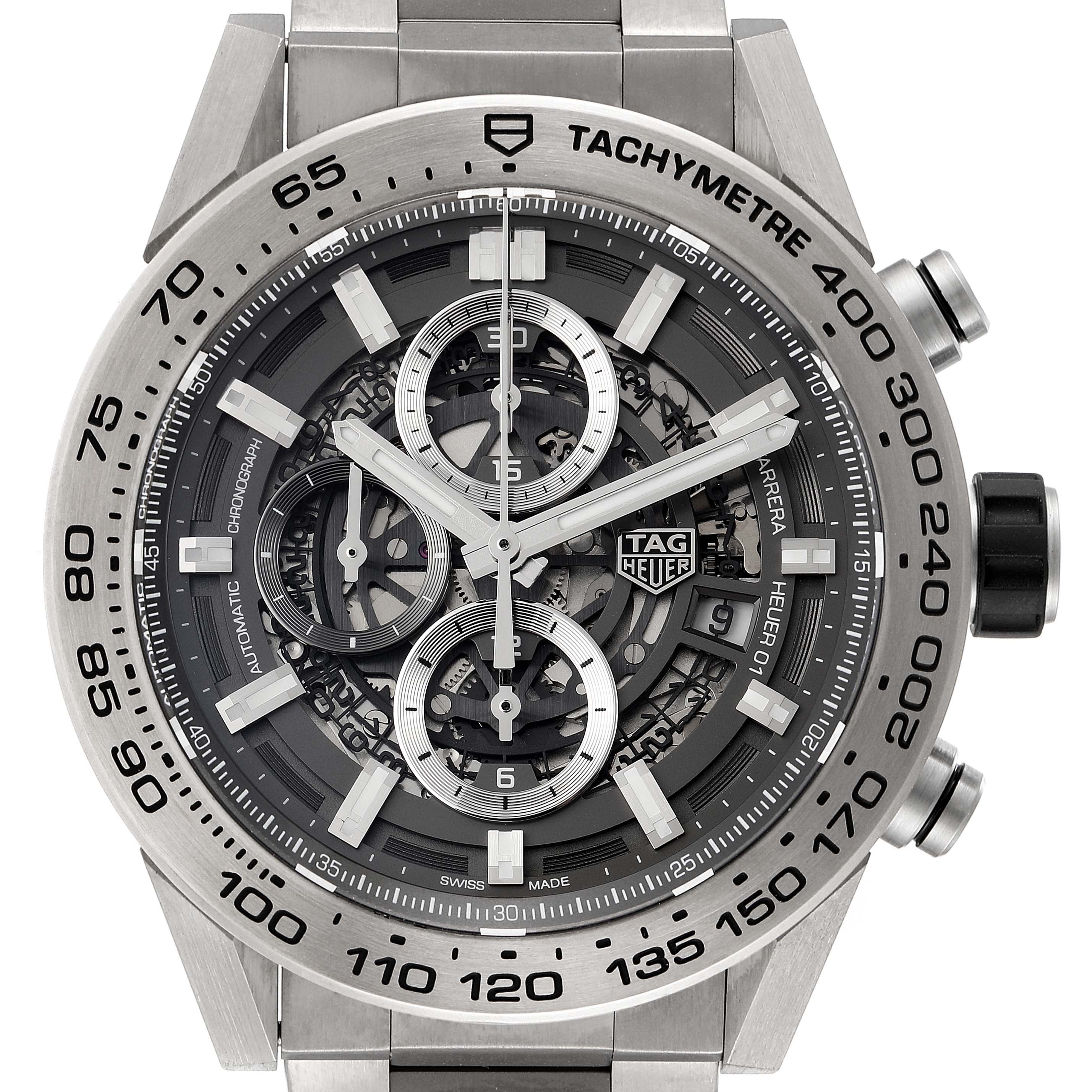 The image shows a close-up front angle of a Tag Heuer Carrera CAR2A8A.FT6072 Men's Titanium Grey Dial CAR2A8A.FT6072 Men's Titanium Grey Dial watch, highlighting the chronograph, tachymeter, and branding details.