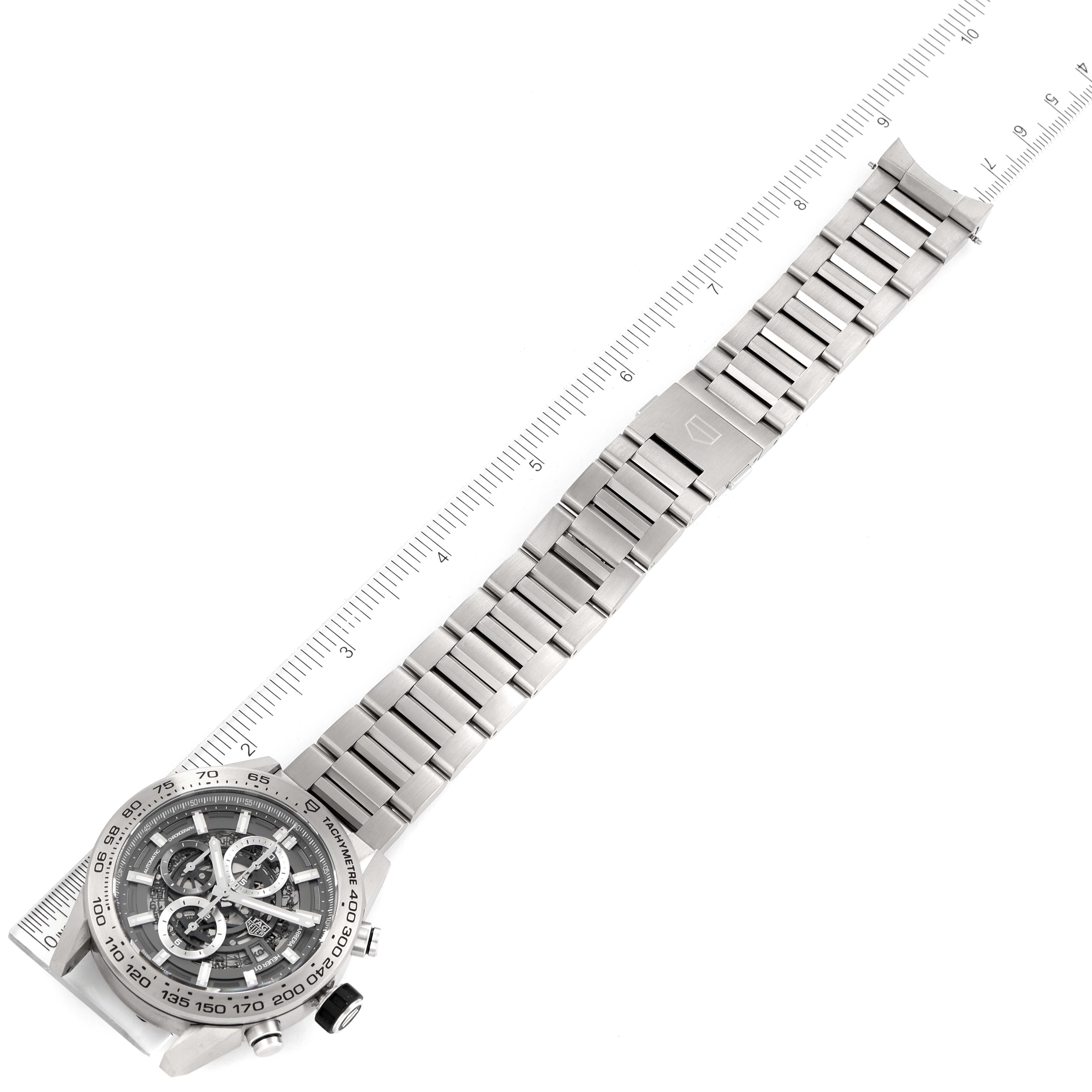 The image shows a top-down view of a Tag Heuer Carrera CAR2A8A.FT6072 Men's Titanium Grey Dial CAR2A8A.FT6072 Men's Titanium Grey Dial watch with its stainless steel bracelet fully extended.