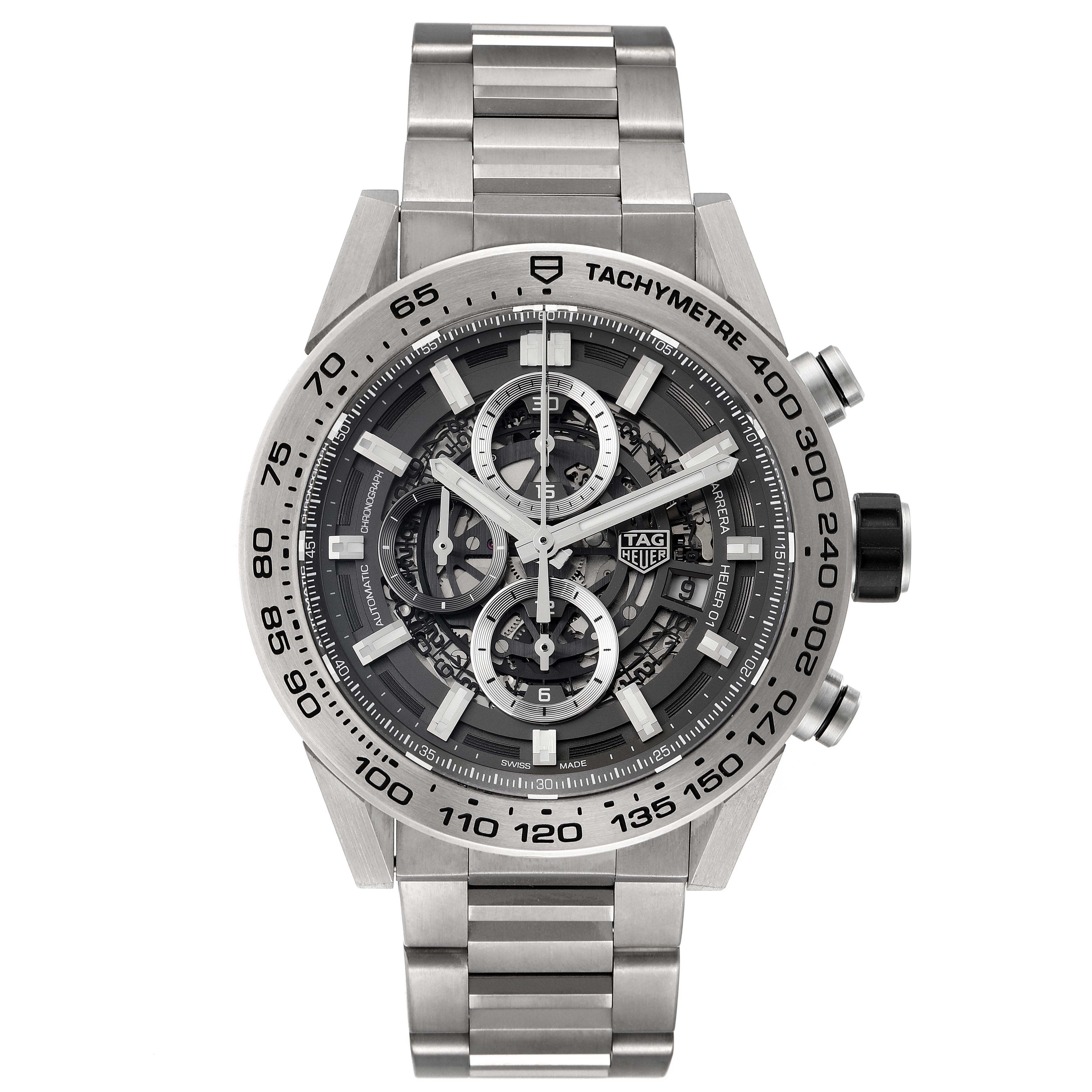 This image depicts a Tag Heuer Carrera CAR2A8A.FT6072 Men's Titanium Grey Dial CAR2A8A.FT6072 Men's Titanium Grey Dial watch from a frontal angle, showcasing its dial, tachymeter, and metal bracelet.