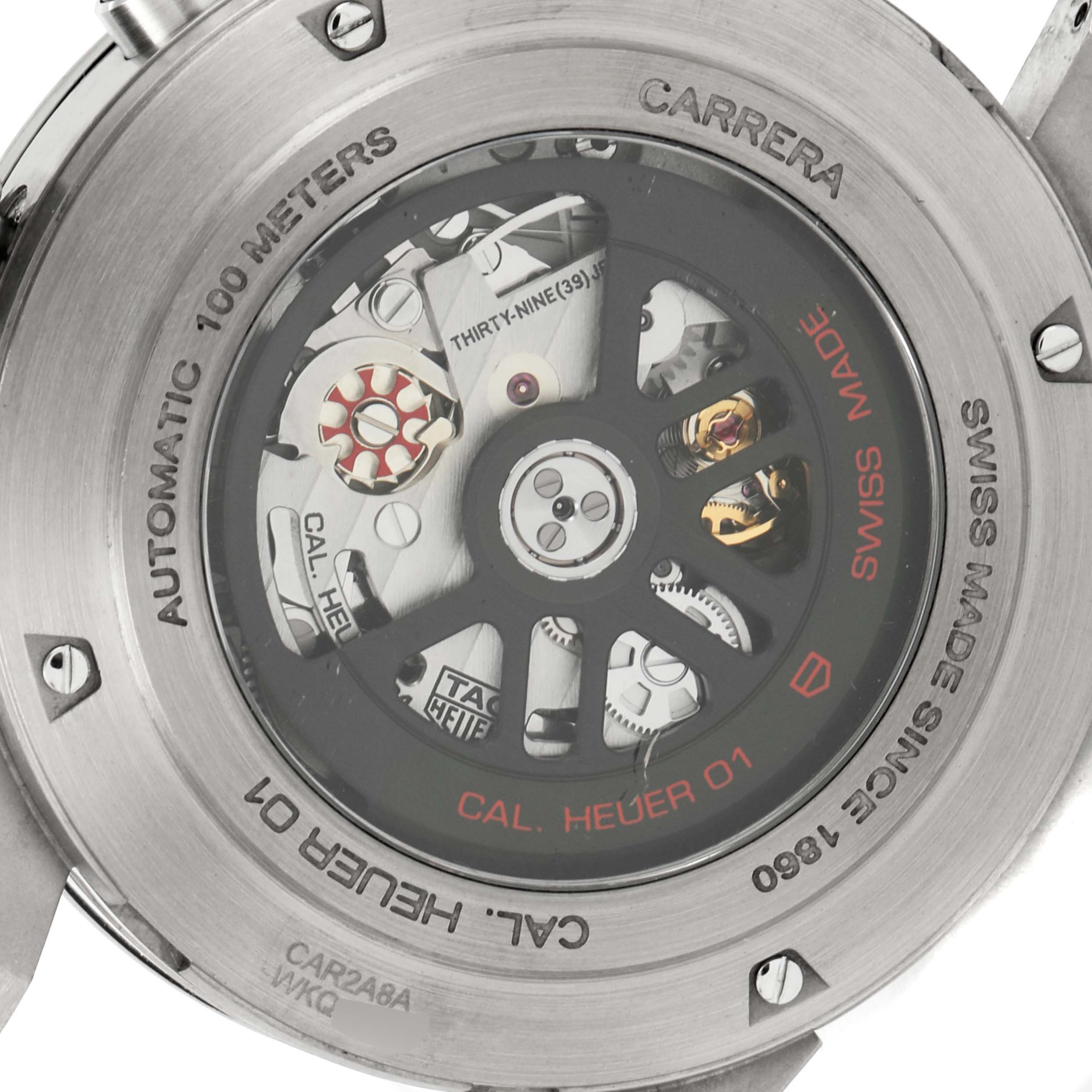 This image shows the back view of the Tag Heuer Carrera CAR2A8A.FT6072 Men's Titanium Grey Dial CAR2A8A.FT6072 Men's Titanium Grey Dial watch, revealing its internal mechanism and engravings.