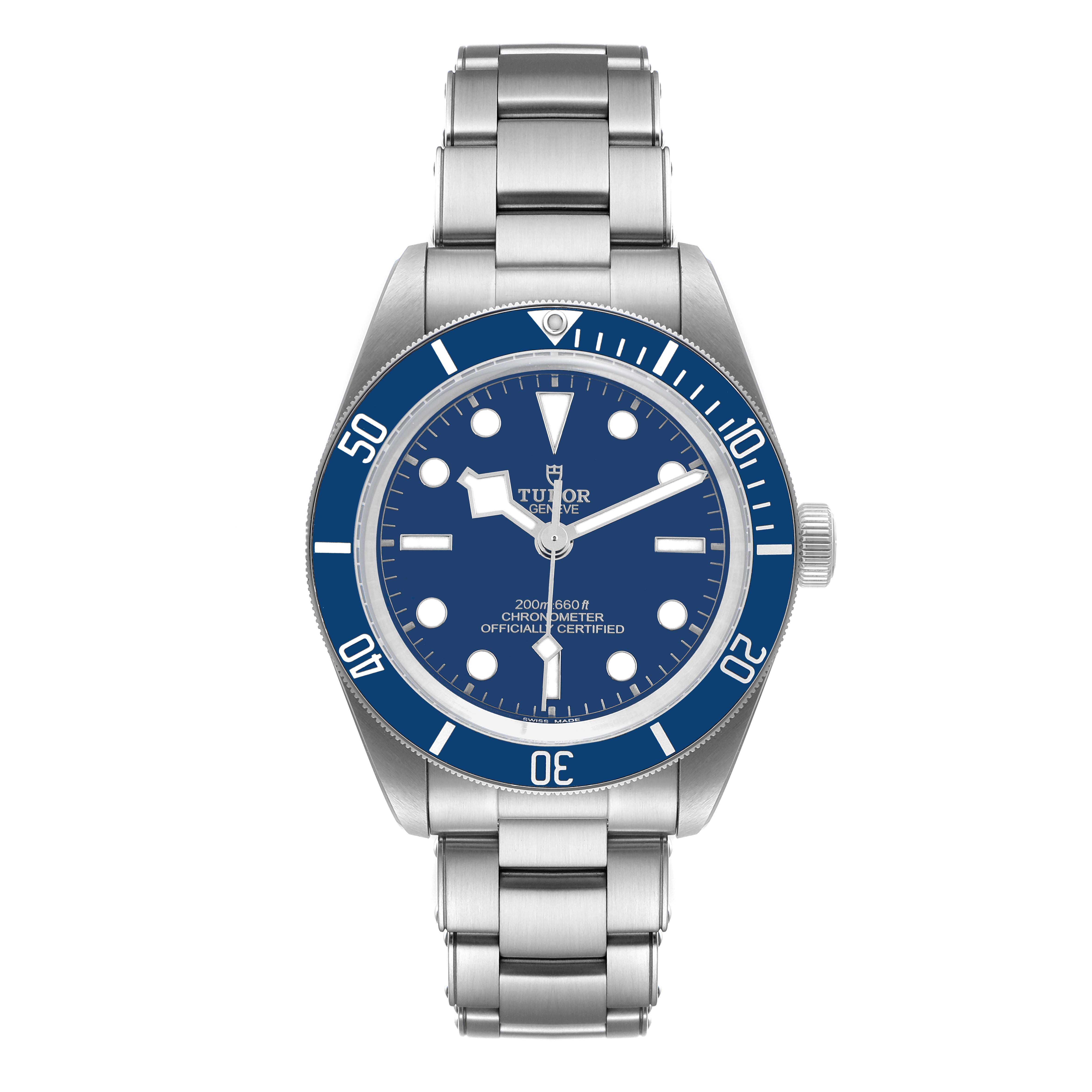 This image shows a front view of the Tudor Heritage Black Bay 79030B Men
s Stainless Steel Blue Dial 79030B Men
s Stainless Steel Blue Dial watch, featuring its face, bezel, and metal bracelet.