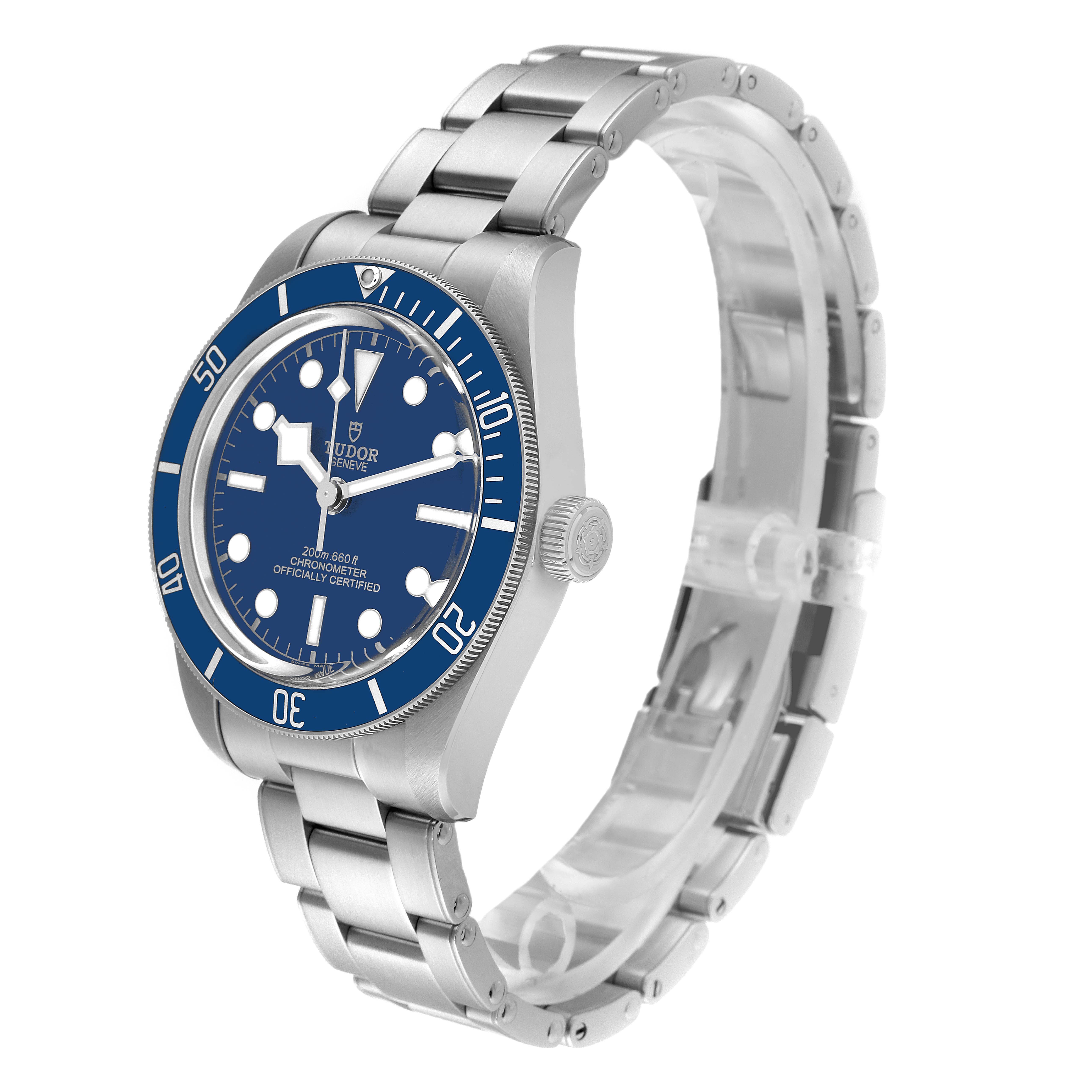 The Tudor Heritage Black Bay 79030B Men
s Stainless Steel Blue Dial 79030B Men
s Stainless Steel Blue Dial watch is shown in a three-quarter angle, displaying the dial, bezel, crown, and metal bracelet.
