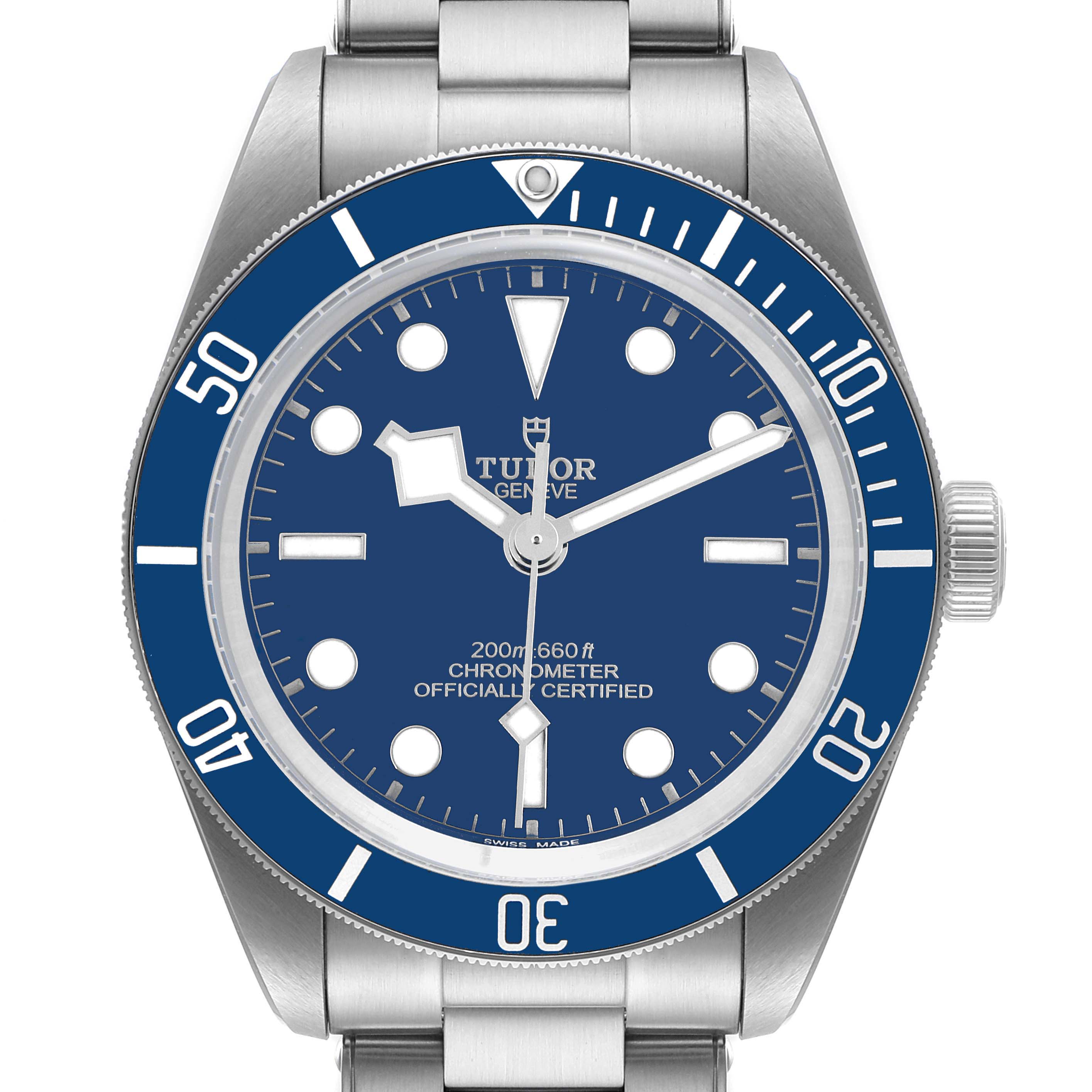 This image shows the front face and bezel of the Tudor Heritage Black Bay 79030B Men
s Stainless Steel Blue Dial 79030B Men
s Stainless Steel Blue Dial watch, along with parts of its stainless steel strap.