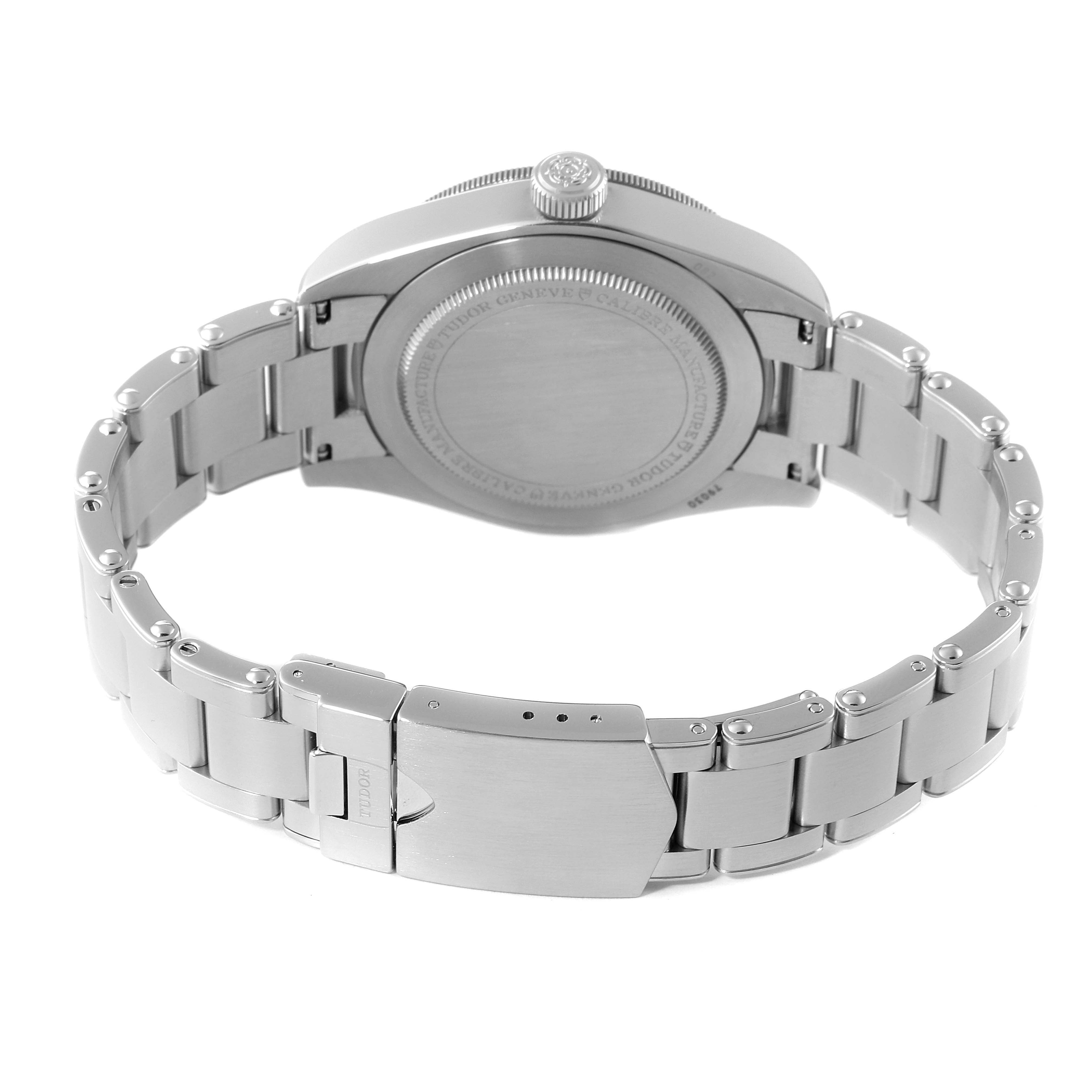 This image shows the backside and bracelet of the Tudor Heritage Black Bay 79030B Men
s Stainless Steel Blue Dial 79030B Men
s Stainless Steel Blue Dial watch, highlighting the clasp and case back.