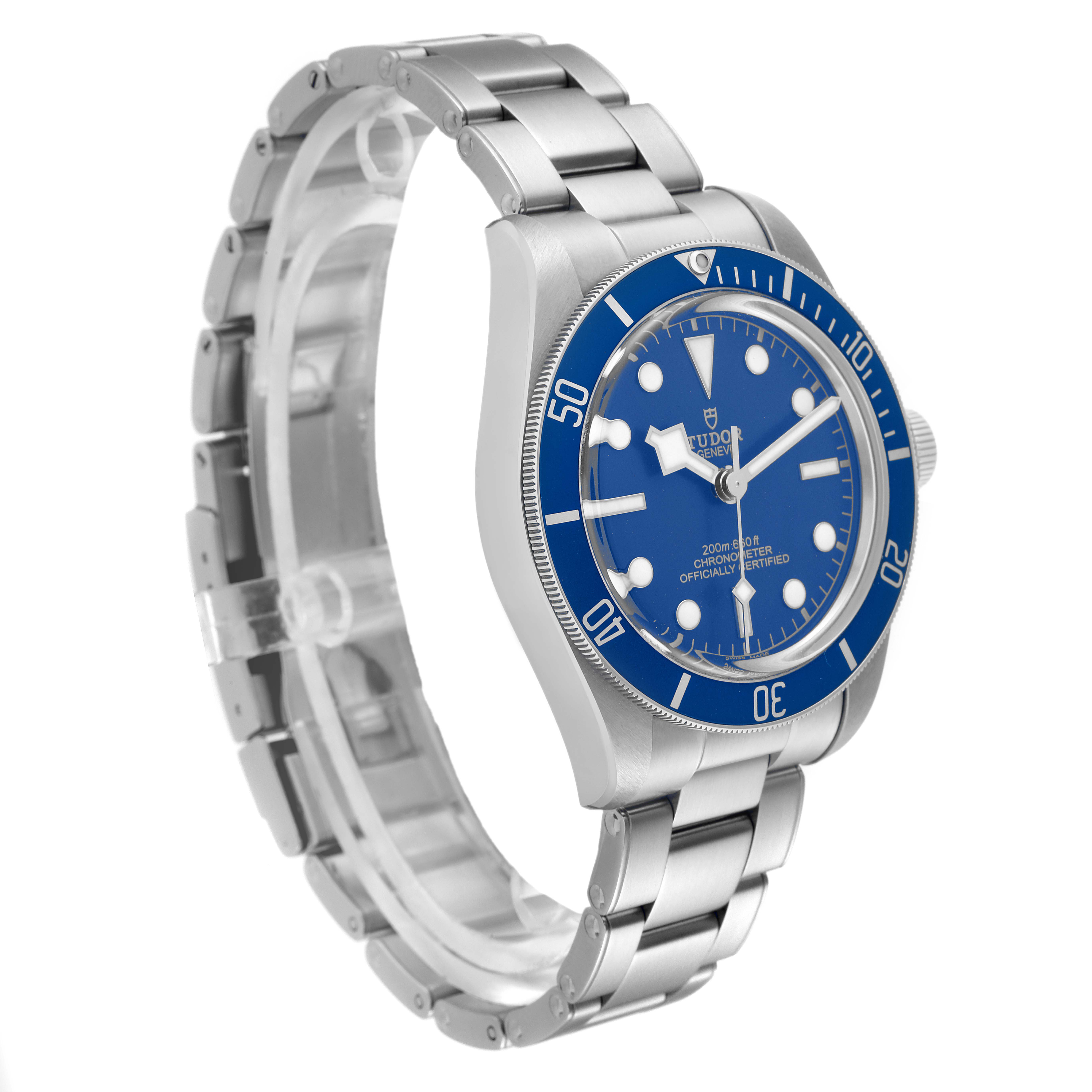 The image shows a Tudor Heritage Black Bay 79030B Men
s Stainless Steel Blue Dial 79030B Men
s Stainless Steel Blue Dial watch, angled from the front left, highlighting its blue dial, bezel, and silver bracelet.