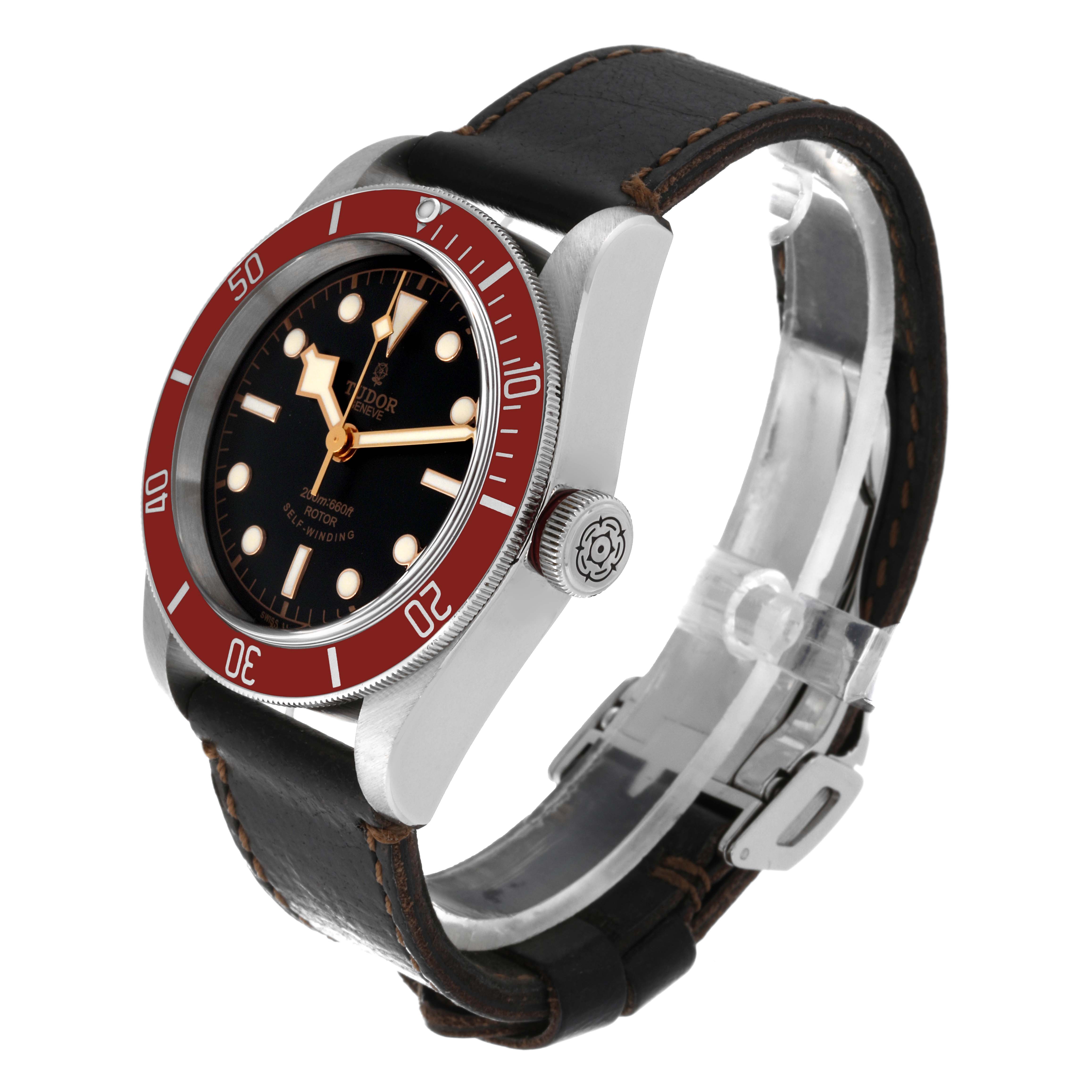 The image shows a side angle of the Tudor Heritage Black Bay 79220R Men
s Stainless Steel Black Dial 79220R Men
s Stainless Steel Black Dial watch, highlighting its face, bezel, crown, and leather strap.