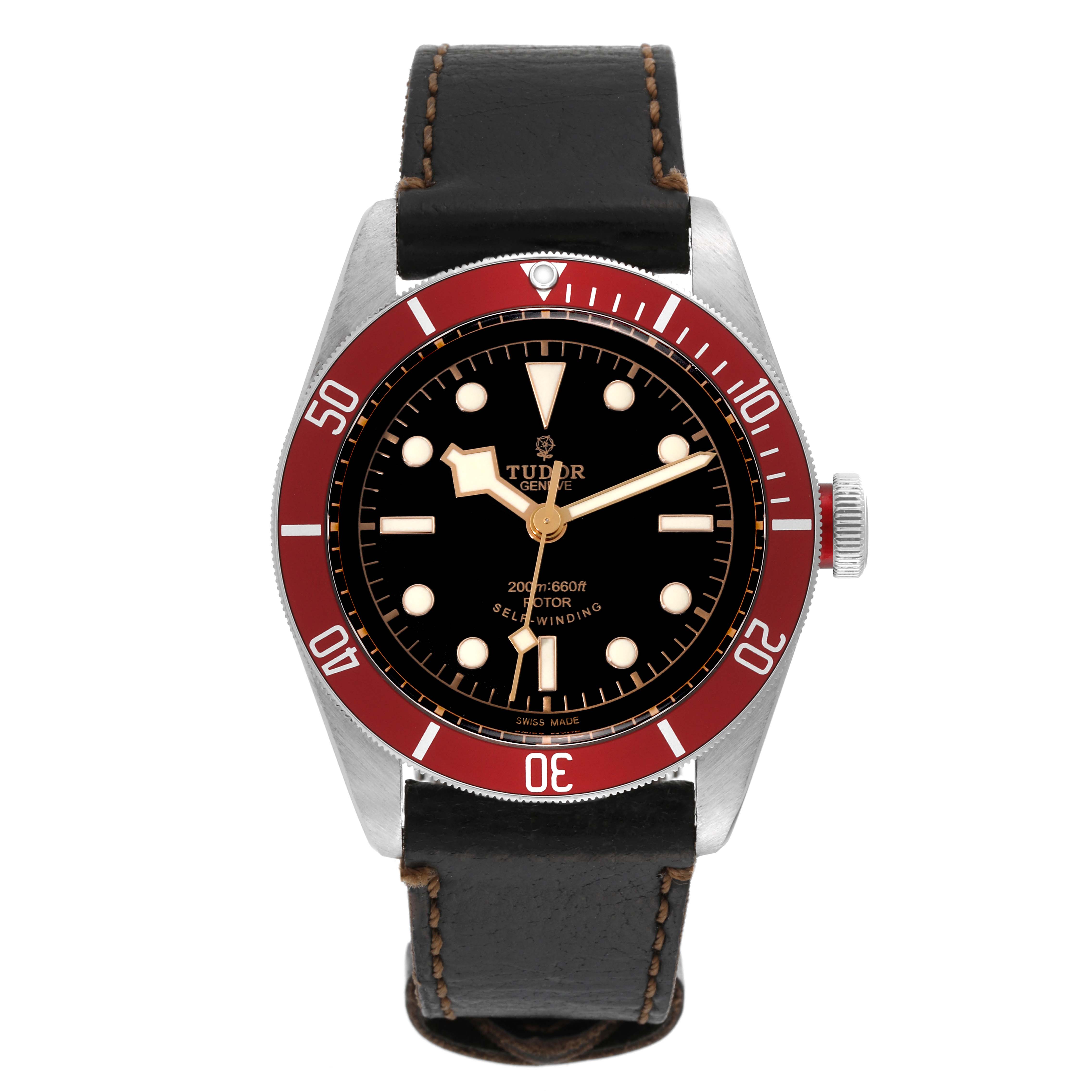 The Tudor Heritage Black Bay 79220R Men
s Stainless Steel Black Dial 79220R Men
s Stainless Steel Black Dial watch is shown from a front angle, displaying its dial, bezel, and leather strap.