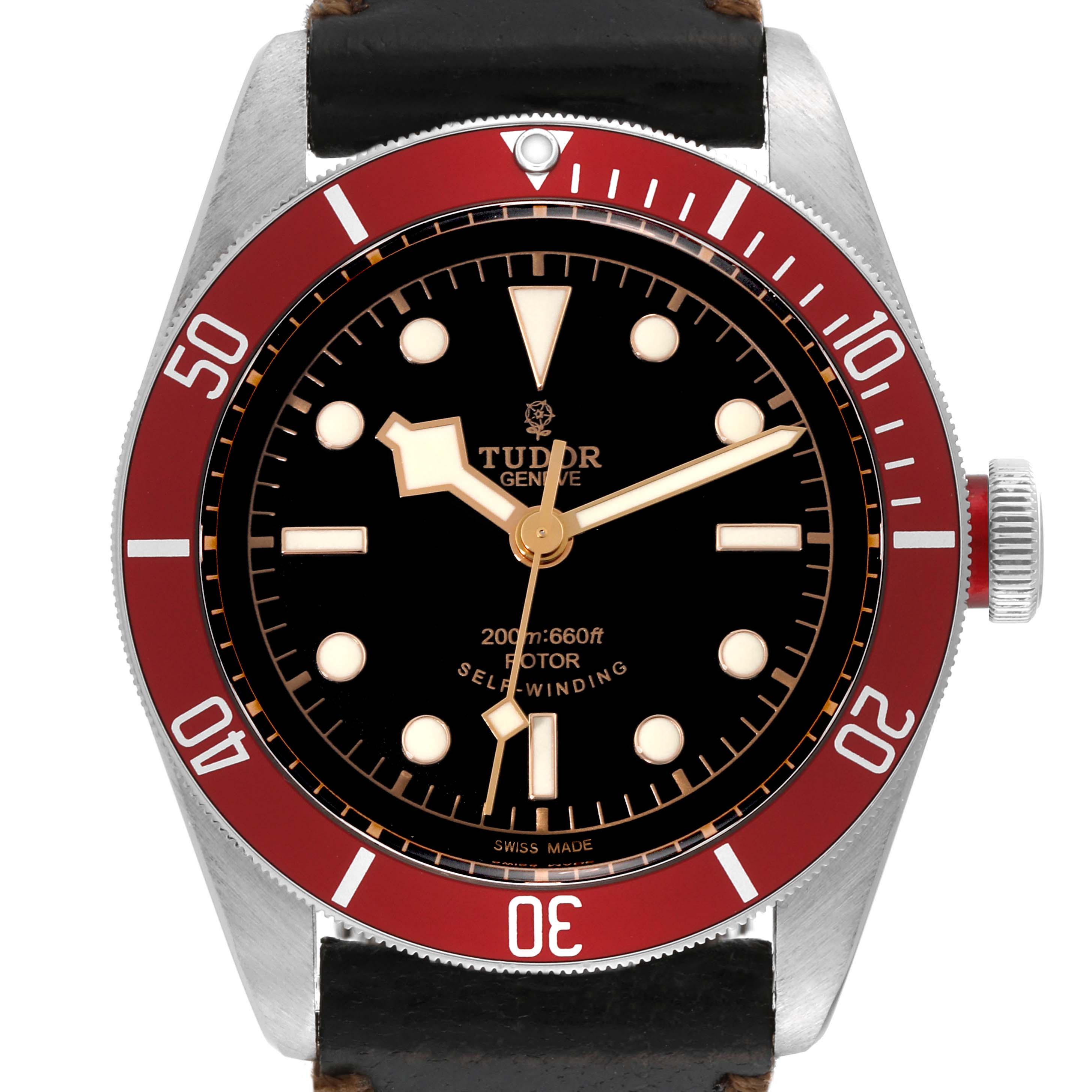 The image shows a front view of the Tudor Heritage Black Bay 79220R Men
s Stainless Steel Black Dial 79220R Men
s Stainless Steel Black Dial watch, highlighting its dial, bezel, hands, and part of the strap.
