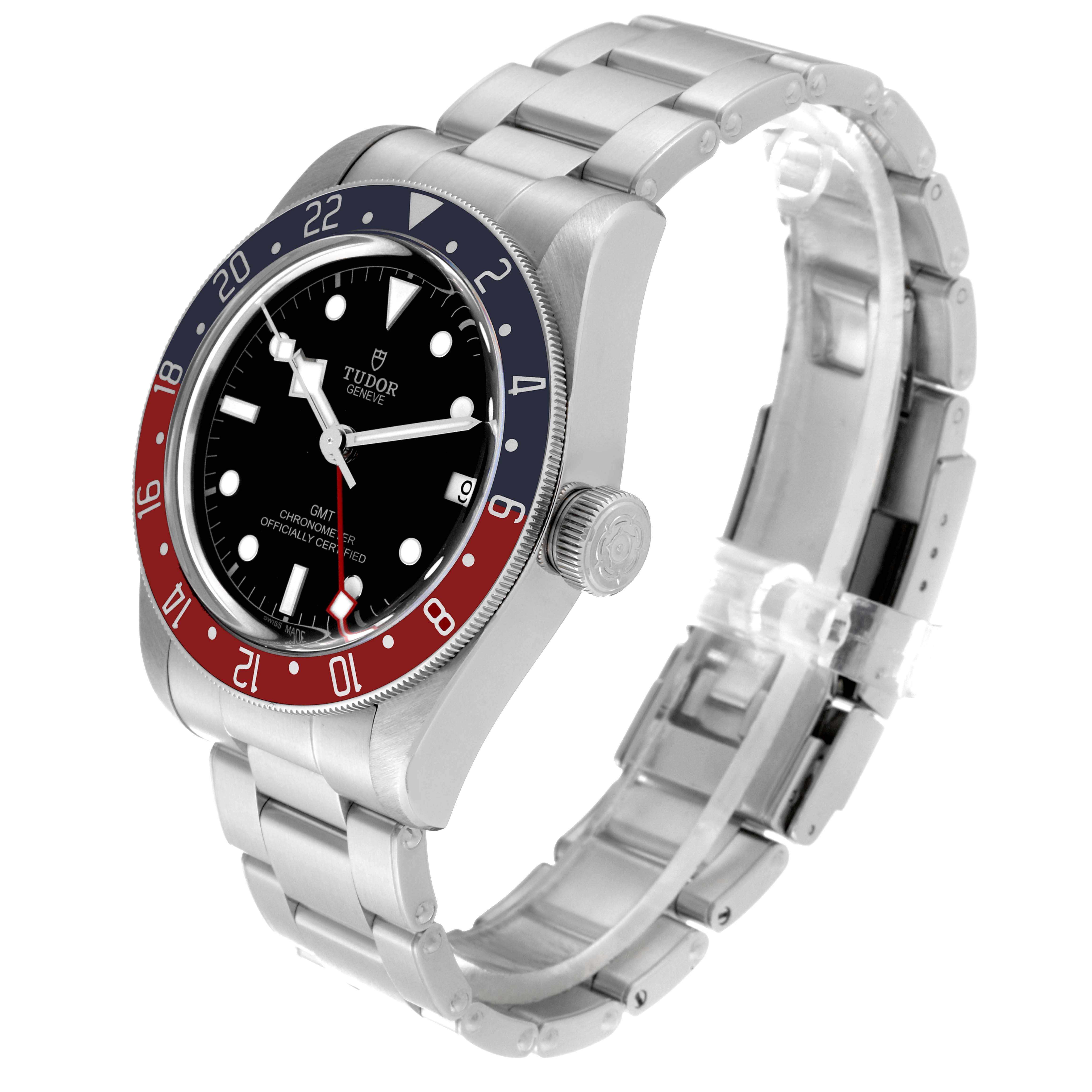 The Tudor Heritage Black Bay 79830RB Men
s Stainless Steel Black Dial 79830RB Men
s Stainless Steel Black Dial watch is shown at a three-quarter angle, displaying the face, bezel, crown, and bracelet.