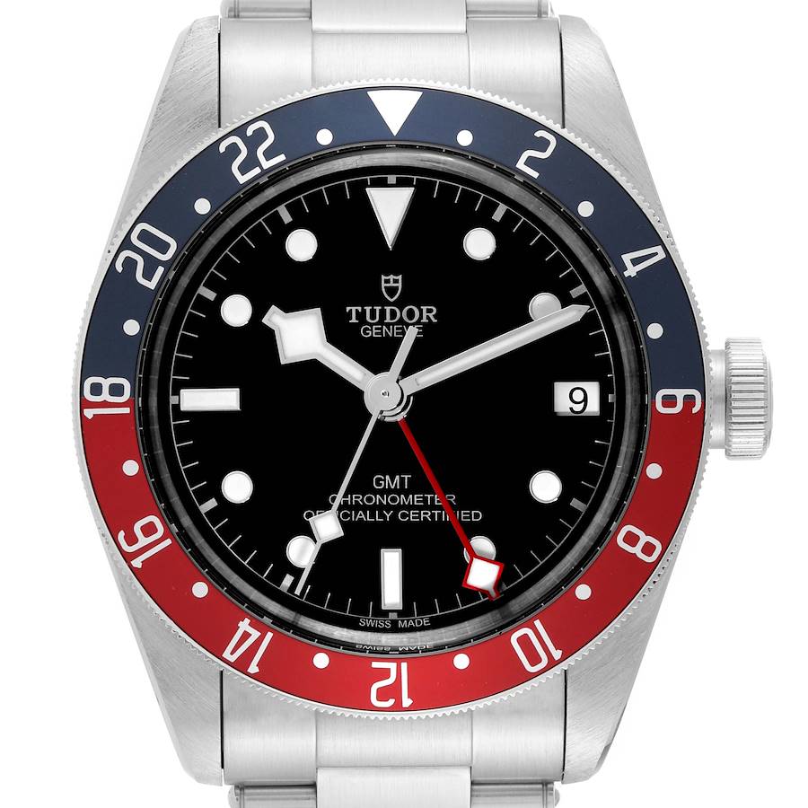 This image shows a front view of the Tudor Heritage Black Bay watch, displaying its dial, hands, and bezel.