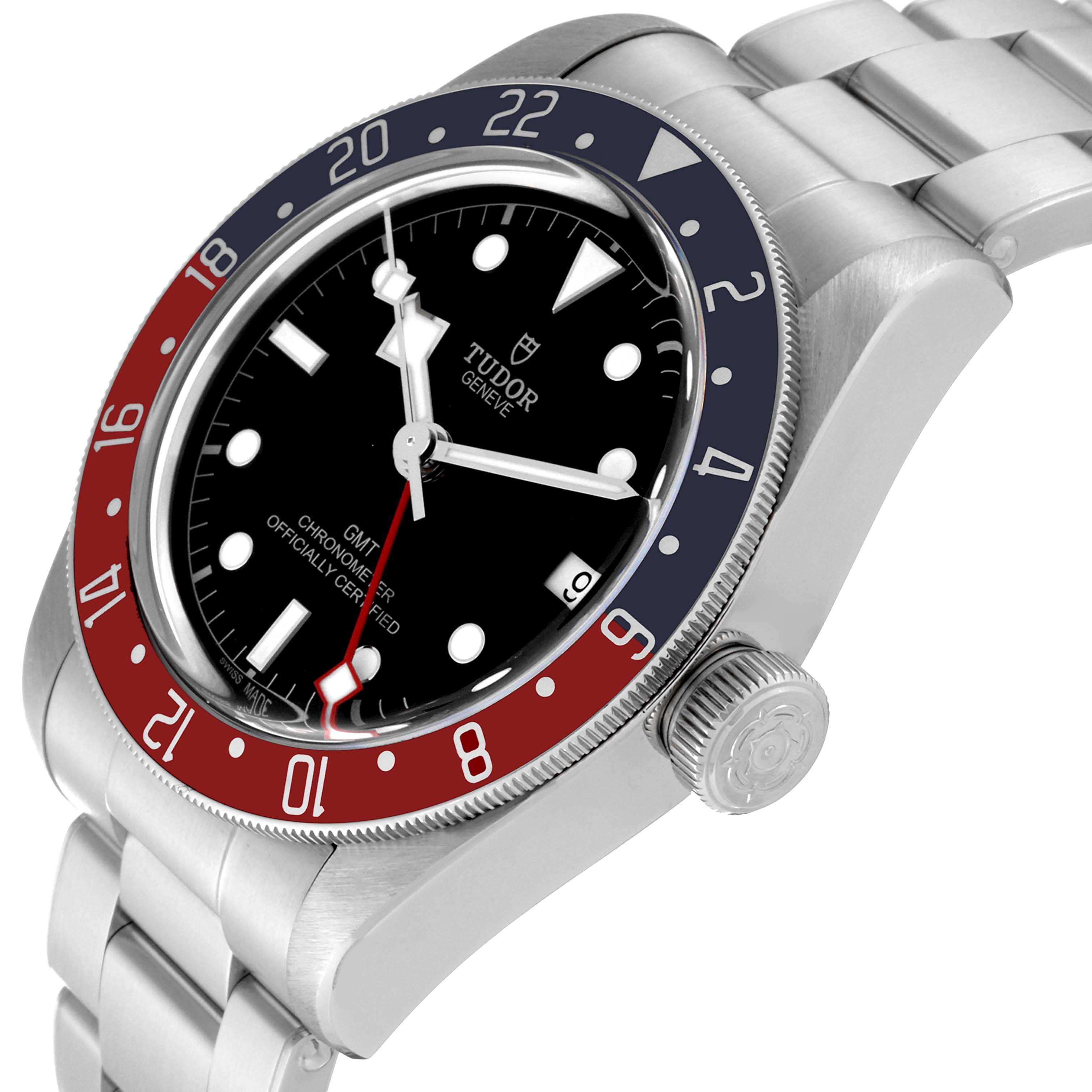 The Tudor Heritage Black Bay 79830RB Men
s Stainless Steel Black Dial 79830RB Men
s Stainless Steel Black Dial watch is shown at an angled side view, highlighting the face, bezel, crown, and part of the bracelet.