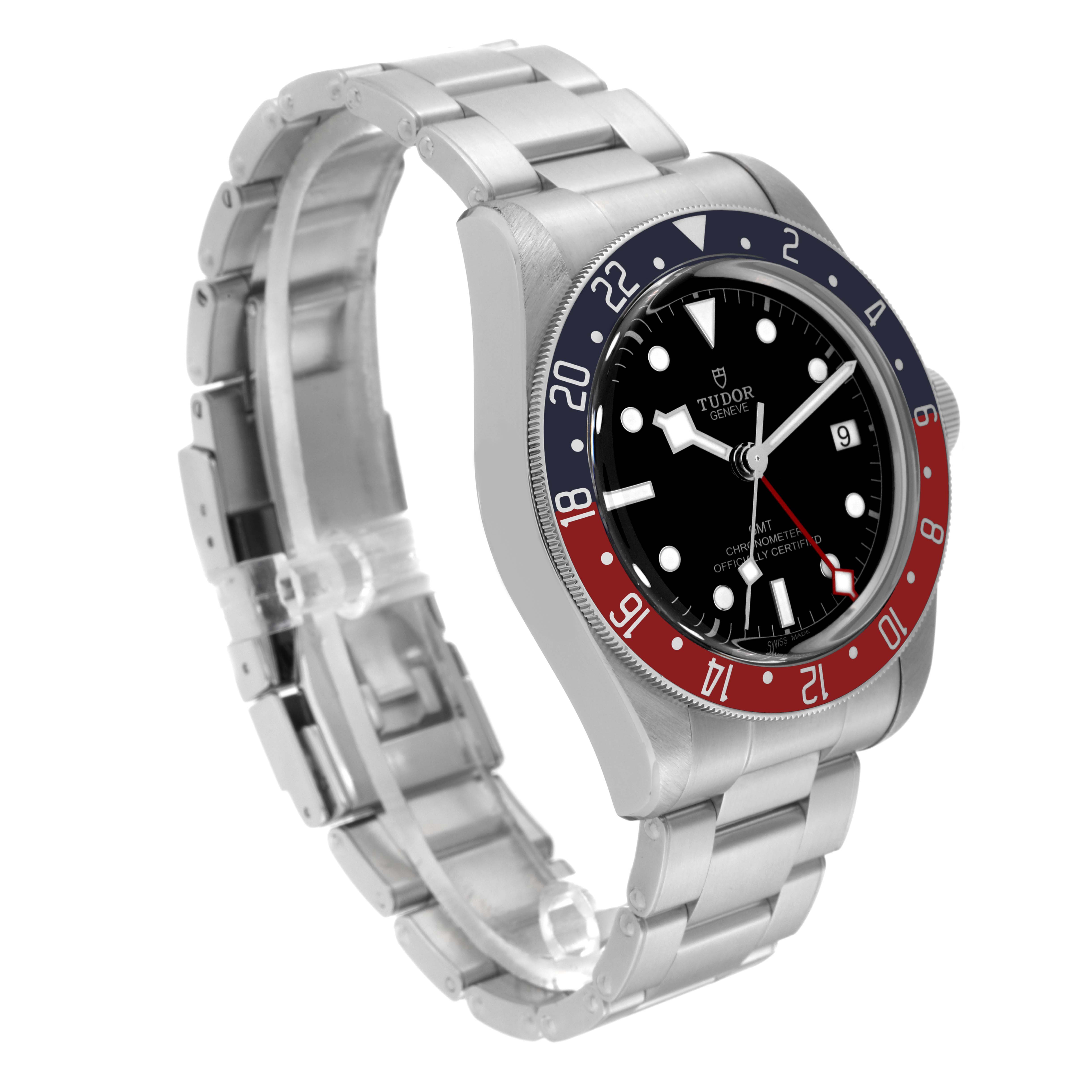 The image displays a side angle view of the Tudor Heritage Black Bay 79830RB Men
s Stainless Steel Black Dial 79830RB Men
s Stainless Steel Black Dial watch, including its dial, bezel, and bracelet.