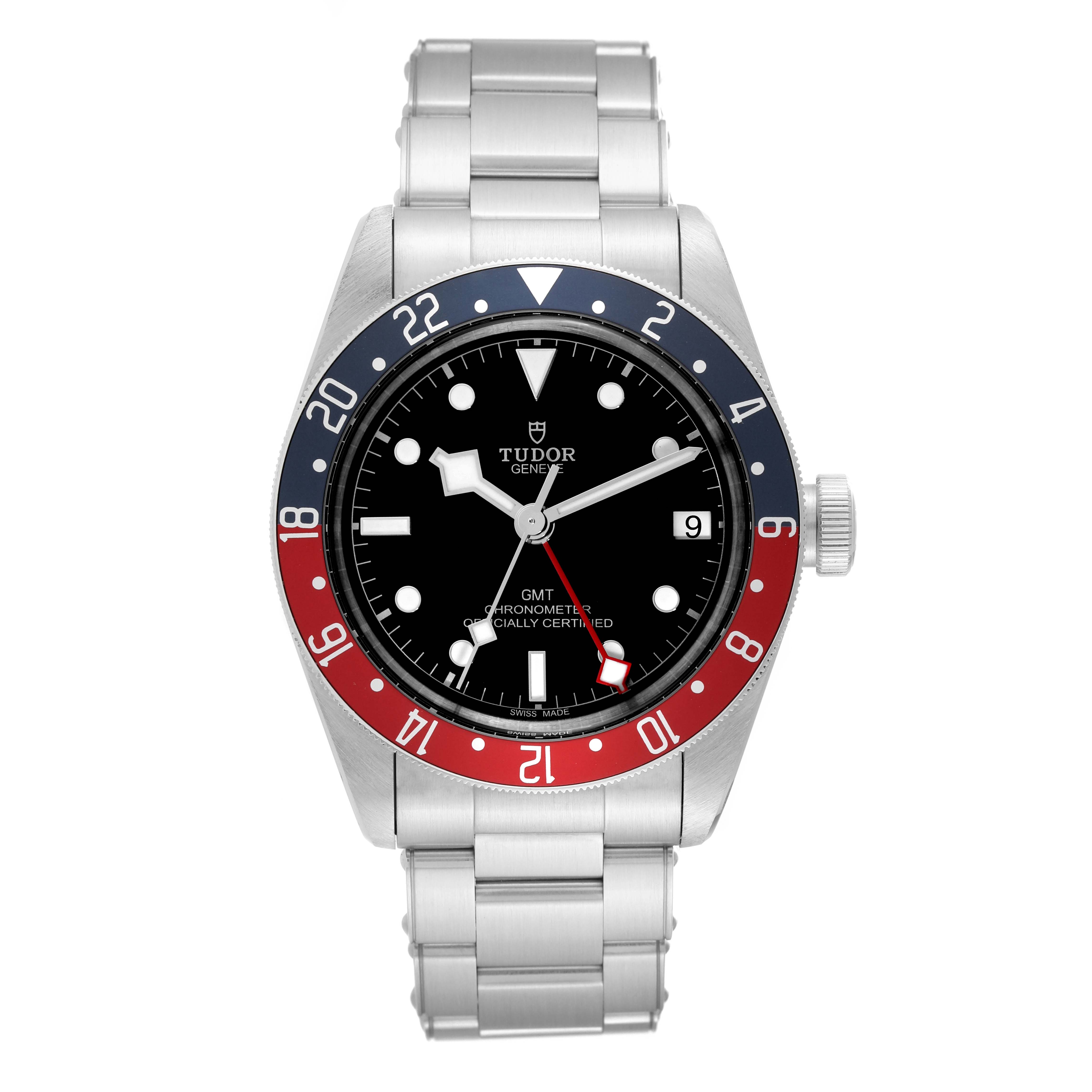 The image shows a front view of a Tudor Heritage Black Bay 79830RB Men
s Stainless Steel Black Dial 79830RB Men
s Stainless Steel Black Dial watch, highlighting its dial, bezel, and bracelet.