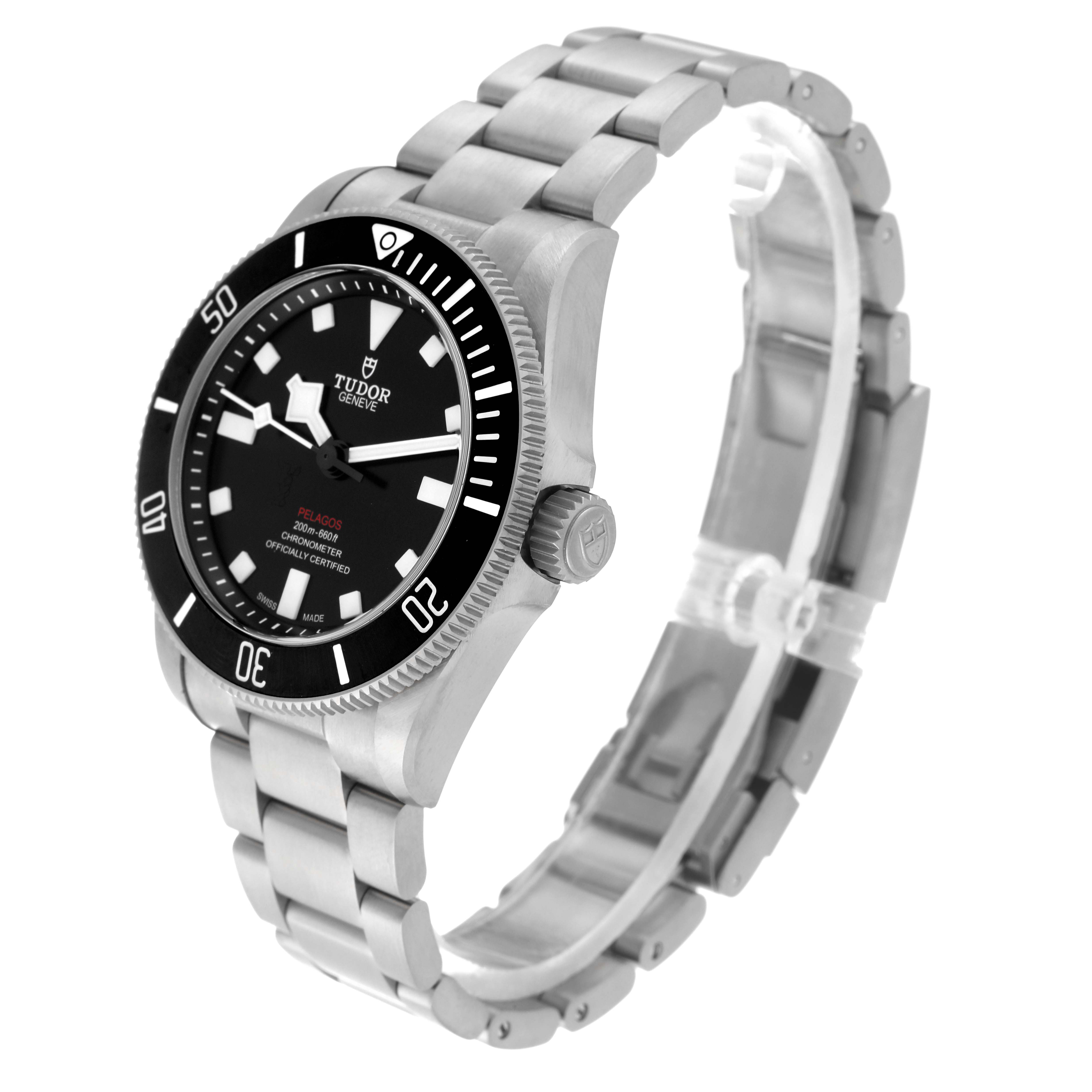 The image shows the side and front angle of a Tudor Pelagos 25407N Men
s Titanium Black Dial 25407N Men
s Titanium Black Dial watch, highlighting the bezel, dial, crown, and bracelet.