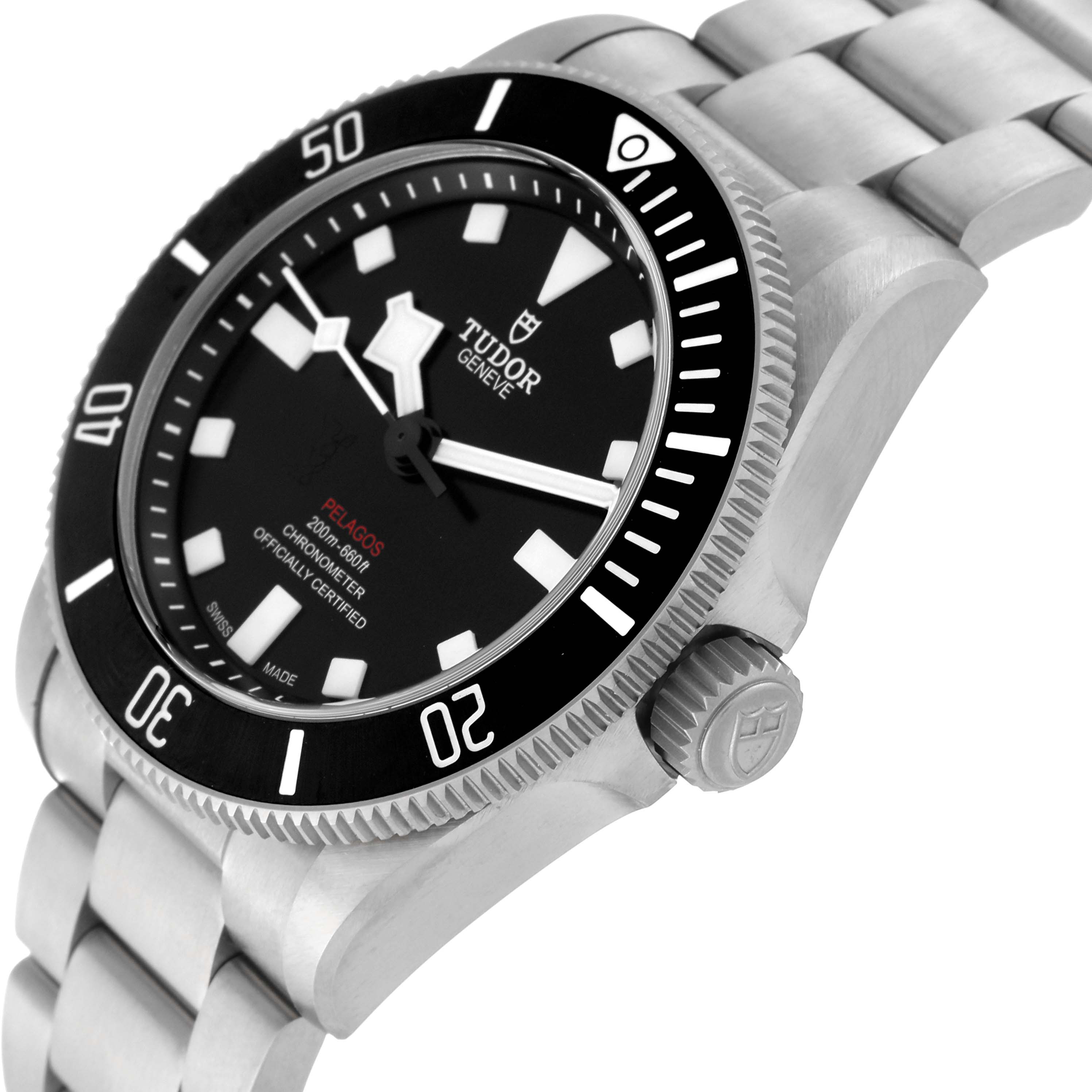 The image shows a close-up, angled view of the Tudor Pelagos 25407N Men
s Titanium Black Dial 25407N Men
s Titanium Black Dial watch, highlighting the watch face, bezel, crown, and part of the bracelet.