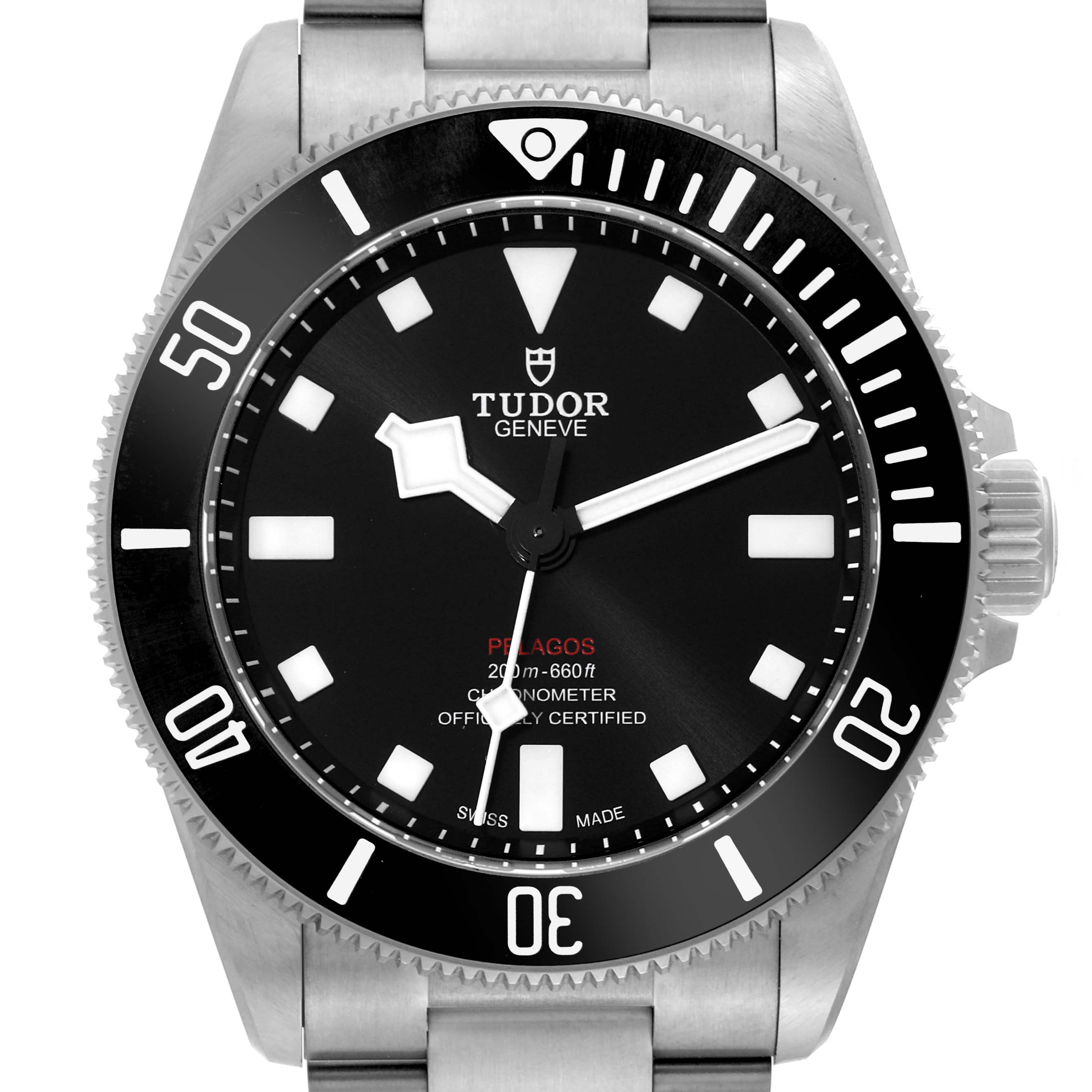 The image shows a front view of the Tudor Pelagos 25407N Men
s Titanium Black Dial 25407N Men
s Titanium Black Dial watch, highlighting the dial, bezel, and part of the bracelet.