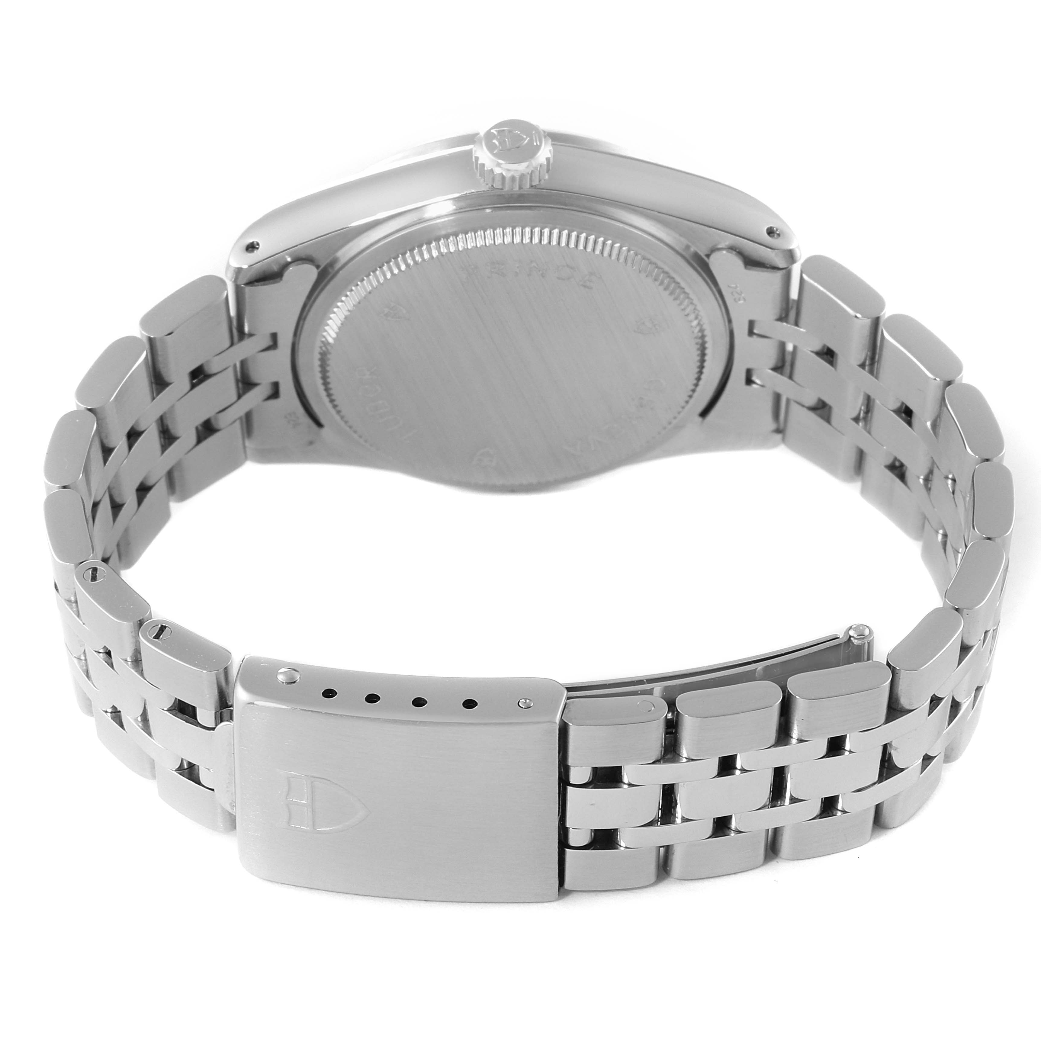 The image shows the back view of the Tudor Prince 72000 Men's Stainless Steel Pink Dial 72000 Men's Stainless Steel Pink Dial model, highlighting the case back and stainless steel bracelet with the clasp.