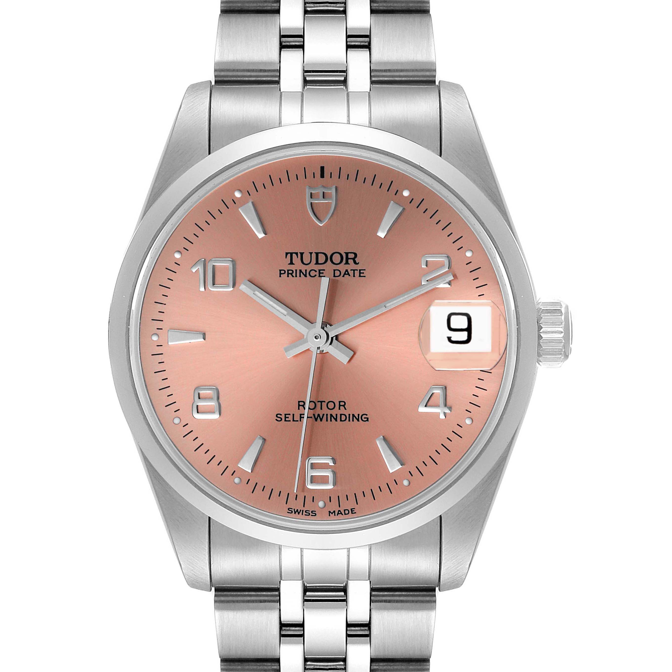 The image shows a front view of a Tudor Prince 72000 Men's Stainless Steel Pink Dial 72000 Men's Stainless Steel Pink Dial Date watch, highlighting its dial, date display, crown, and metal bracelet.