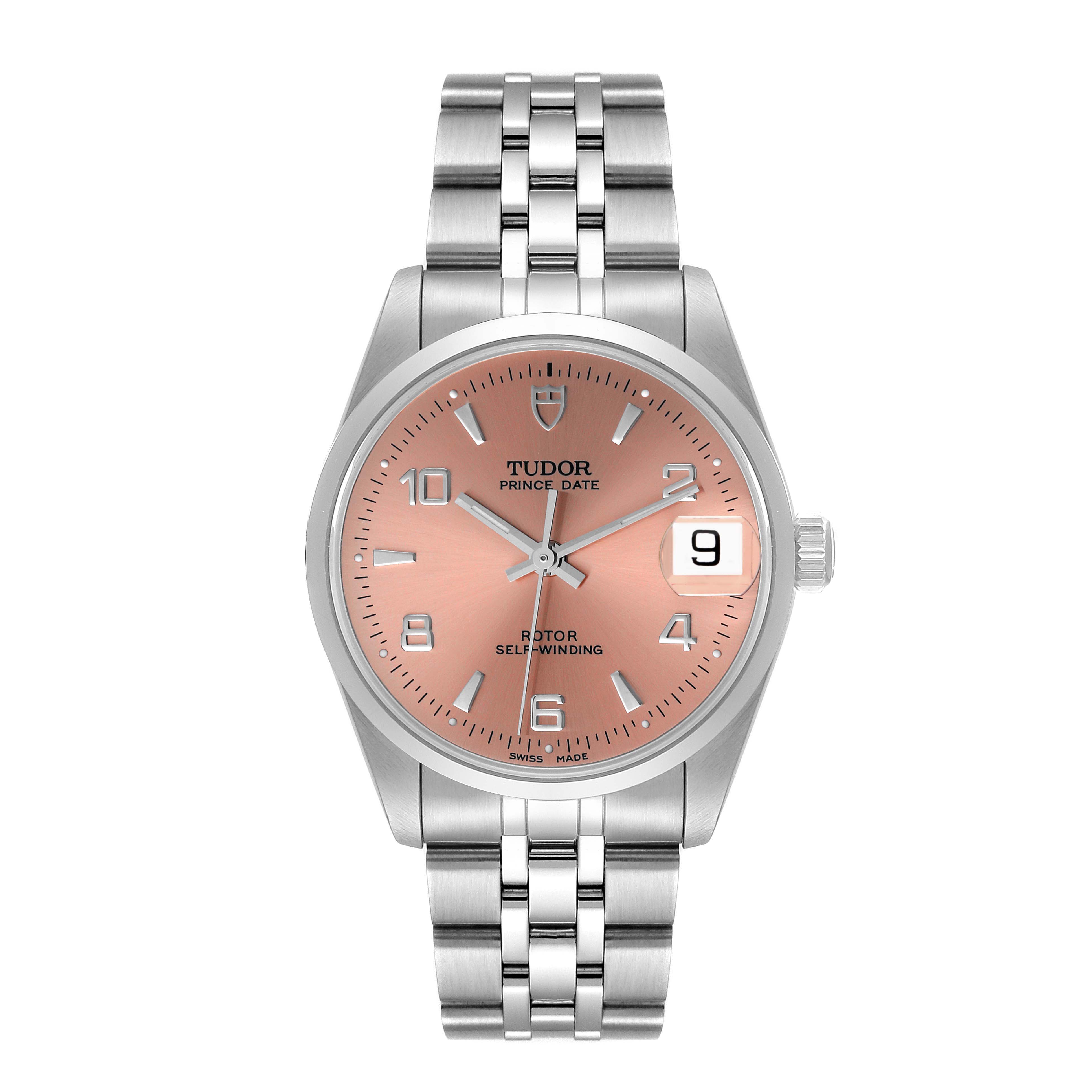 The Tudor Prince 72000 Men's Stainless Steel Pink Dial 72000 Men's Stainless Steel Pink Dial Date watch is shown from a front angle, highlighting the dial, hands, date window, and bracelet.