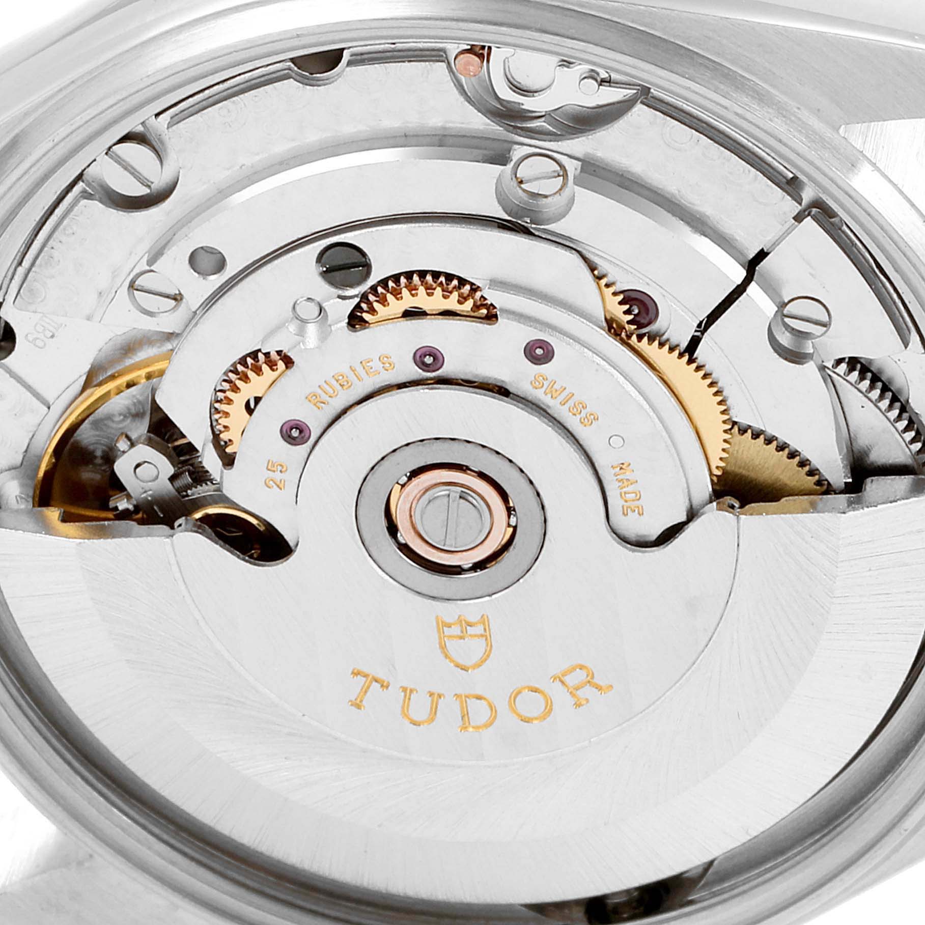 The image shows the movement and inner mechanical parts of a Tudor Prince 72000 Men's Stainless Steel Pink Dial 72000 Men's Stainless Steel Pink Dial model watch from a close-up angle.