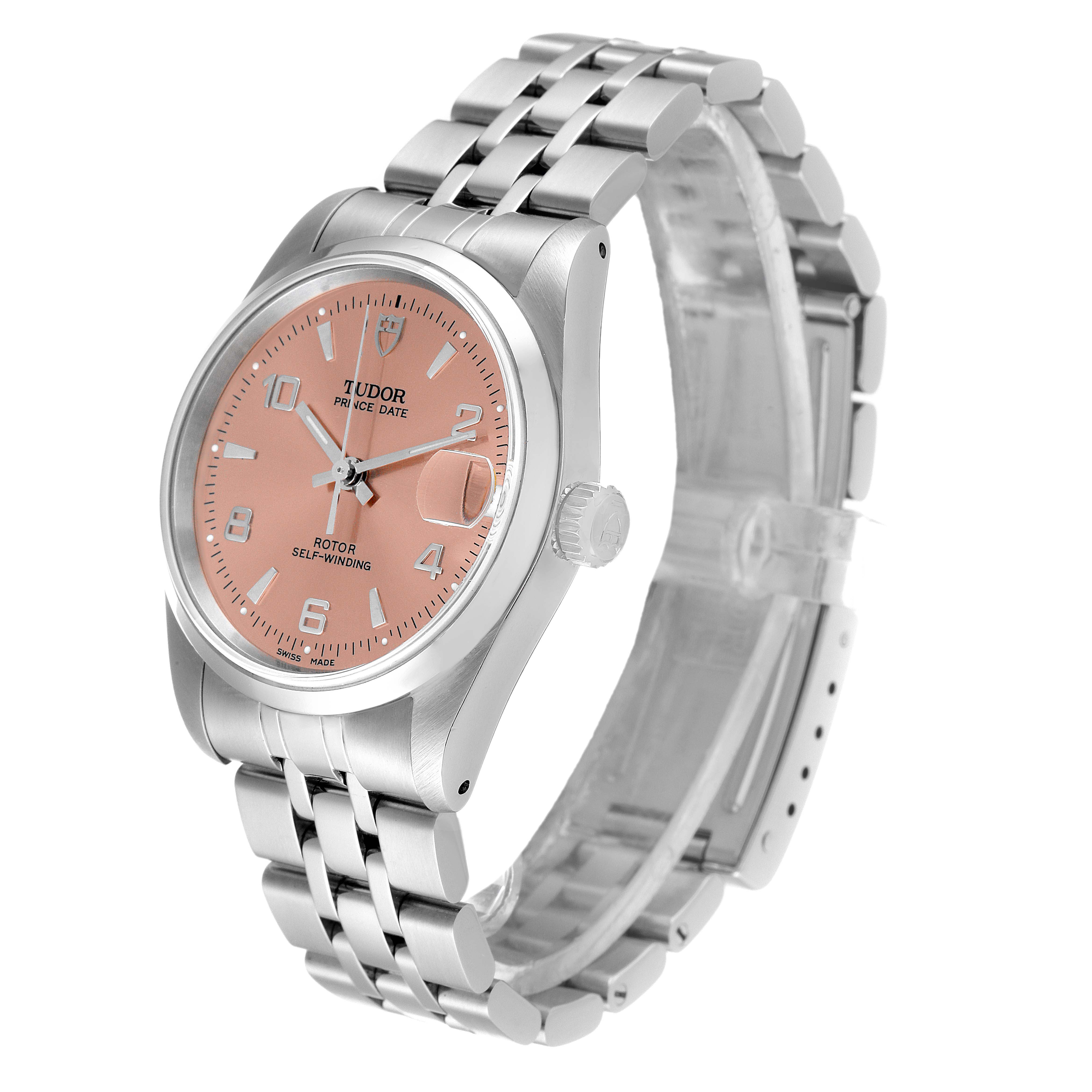 This image shows a Tudor Prince 72000 Men's Stainless Steel Pink Dial 72000 Men's Stainless Steel Pink Dial watch at a slight side angle, highlighting its dial, bezel, crown, and bracelet.