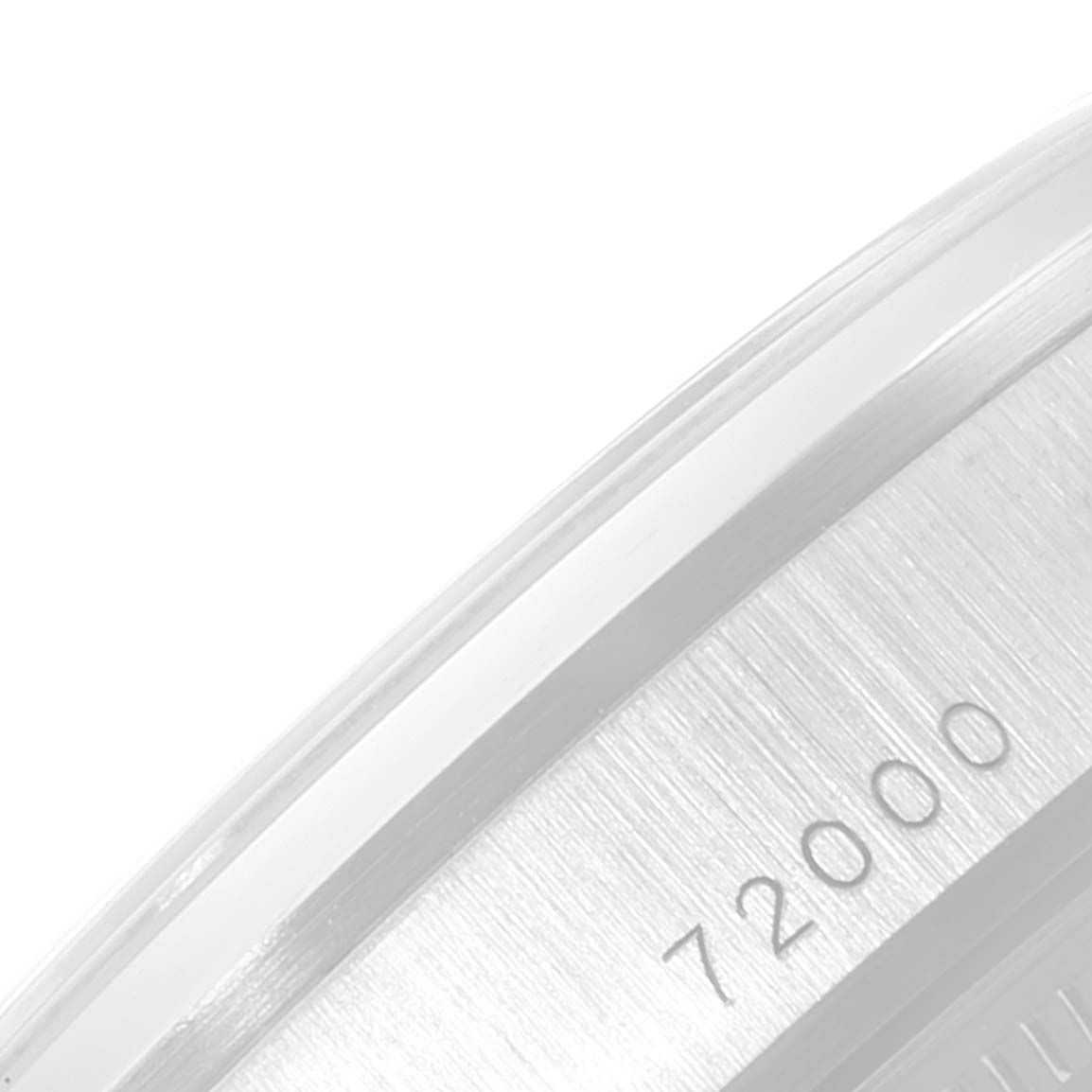 The image shows a close-up of the edge and serial number "72000" on a Tudor Prince 72000 Men's Stainless Steel Pink Dial 72000 Men's Stainless Steel Pink Dial model watch's case.